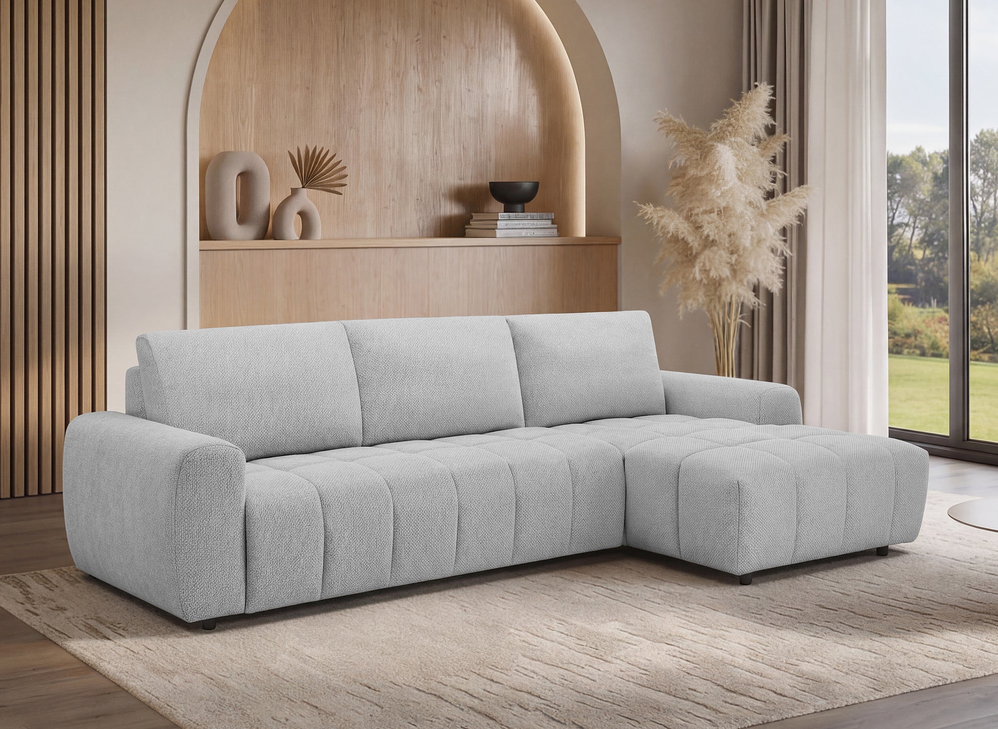 Sofá esquinero convertible con apertura exprés en tejido gris AGATHE – ángulo derecho