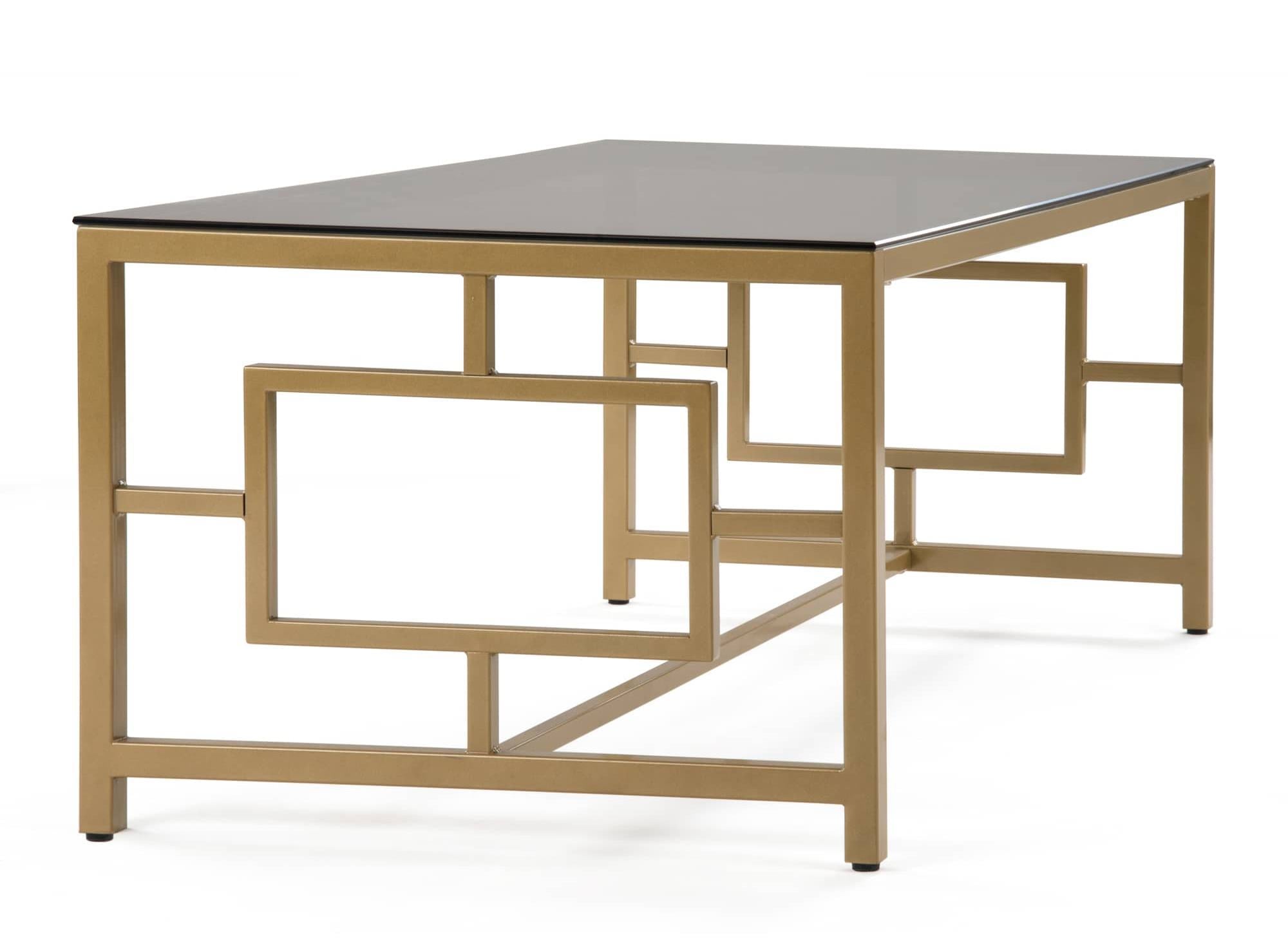 Mesa de centro rectangular de diseño PABLO en cristal negro y metal dorado