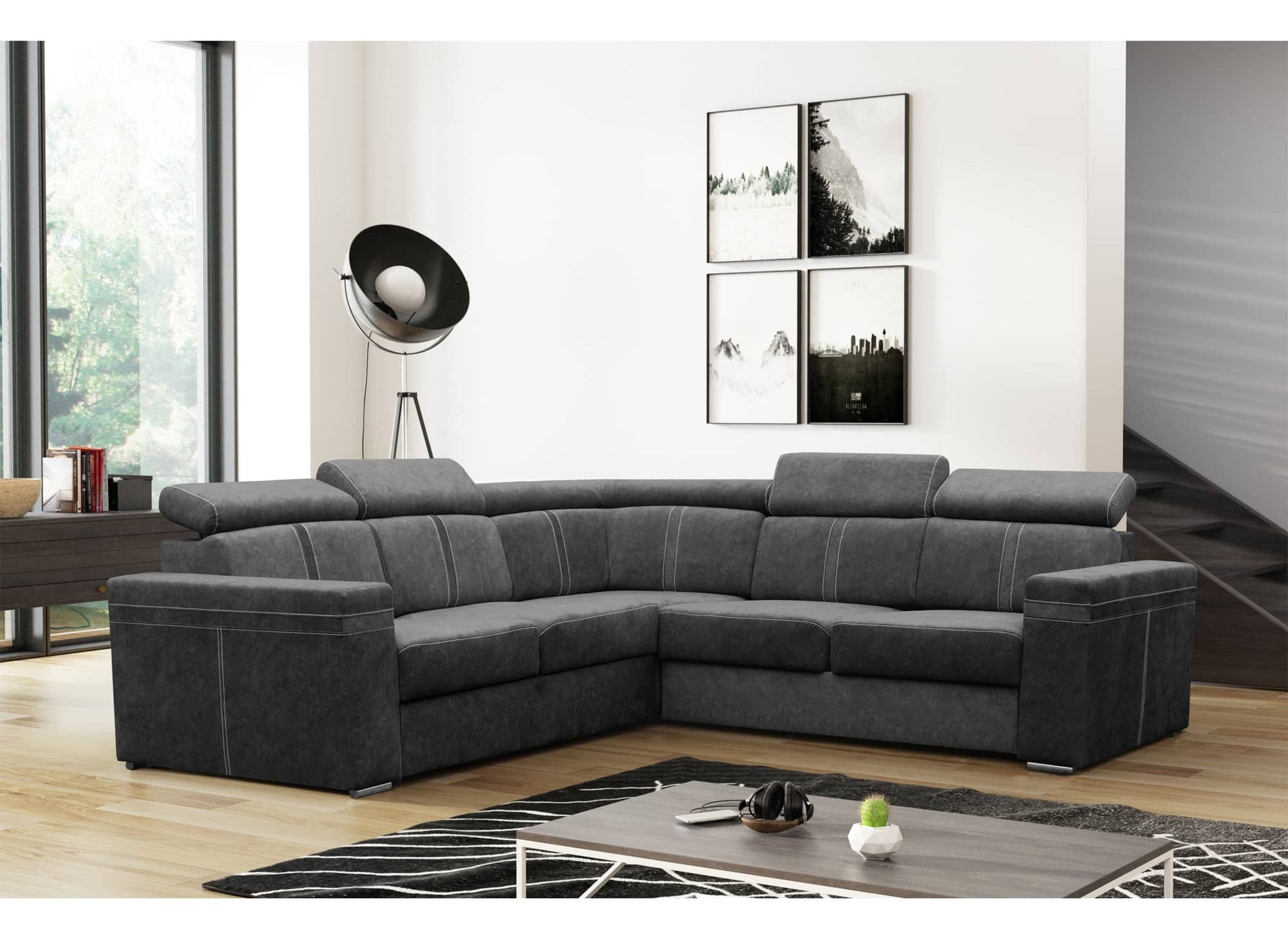 Sofá esquinero convertible y reversible MERYL en tela gris oscuro