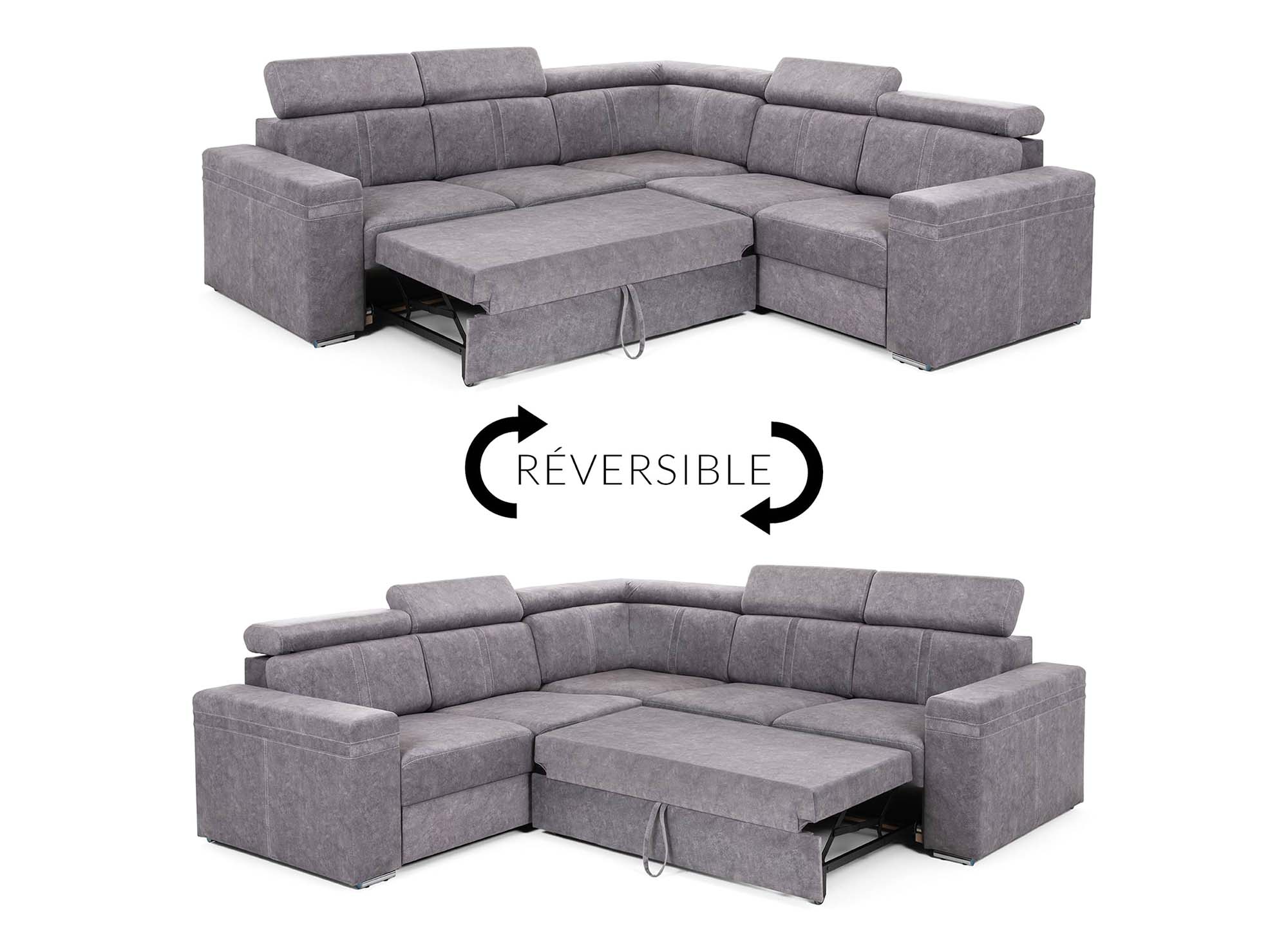 Sofá esquinero convertible y reversible MERYL en tela gris claro