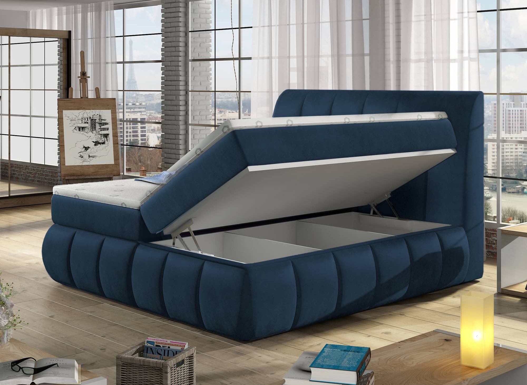 Cama con somier VALERIA de 160x200 con compartimento de almacenaje en terciopelo azul oscuro