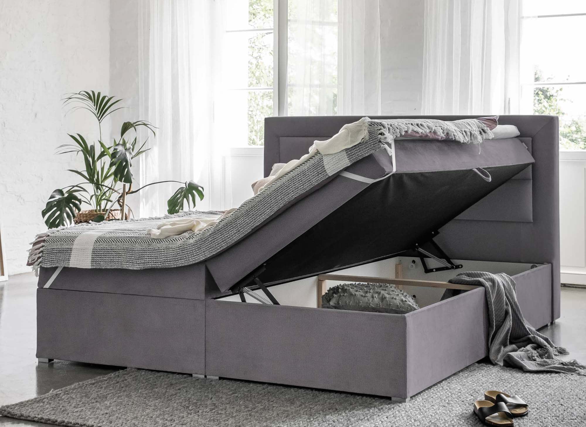 Cama con somier DAKOTA de 180x200 con compartimento de almacenaje en terciopelo gris