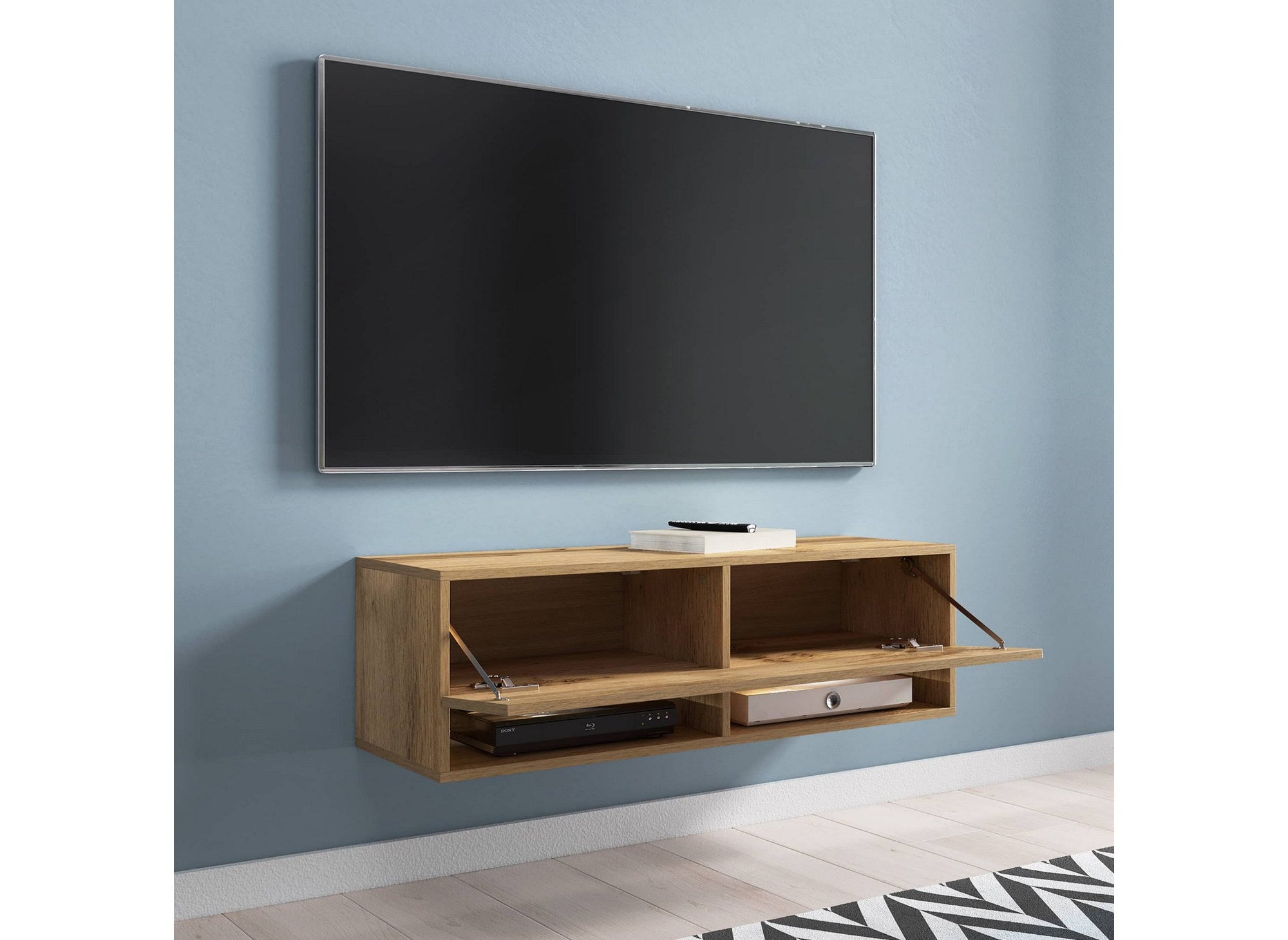 Mueble de TV mural ROMANE de roble con 1 puerta y 2 estantes - 100 cm