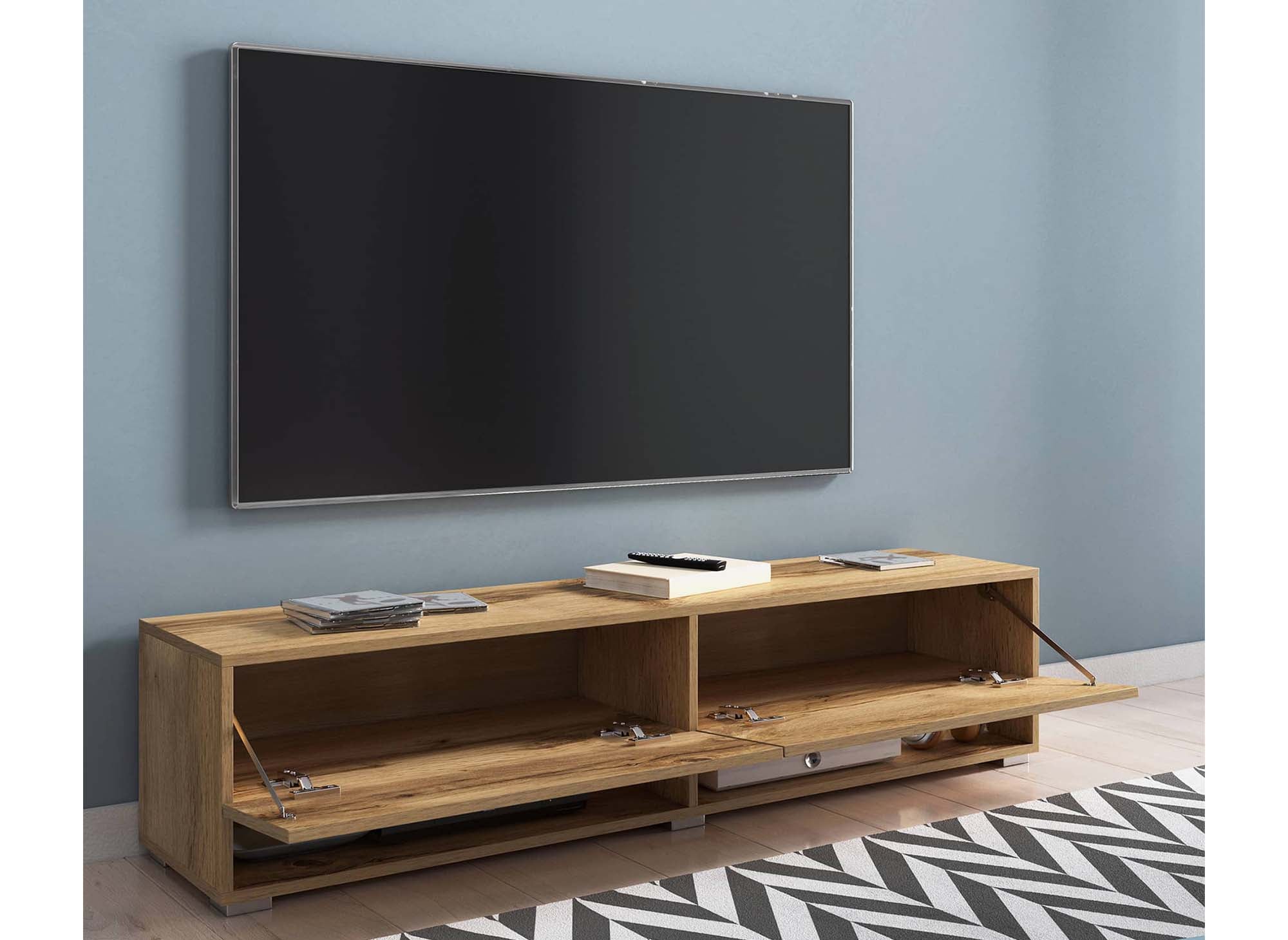 Mueble de TV mural ROMANE XL de roble, con 2 puertas y 2 estantes - 140 cm