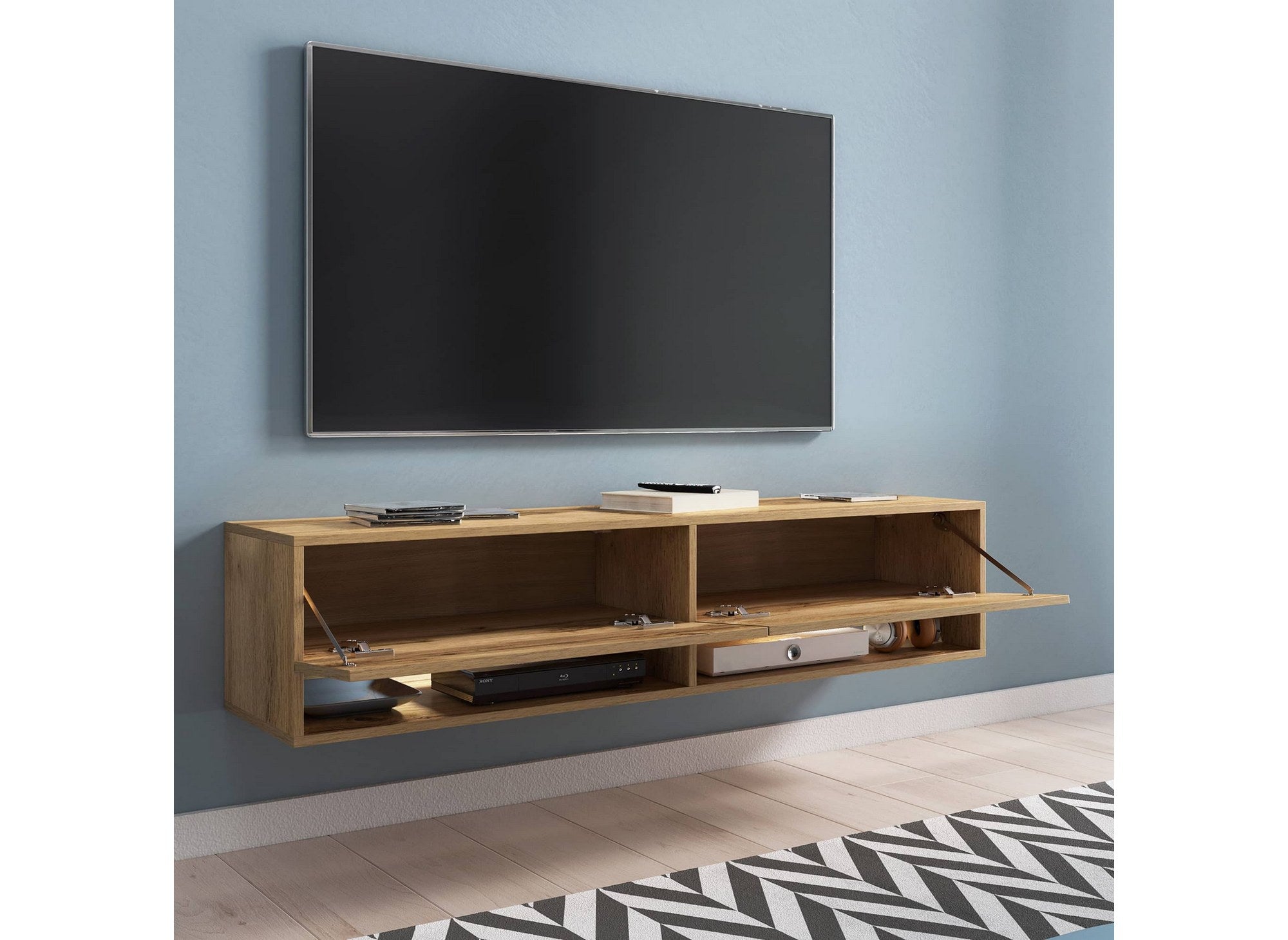 Mueble de TV mural ROMANE XL de roble, con 2 puertas y 2 estantes - 140 cm