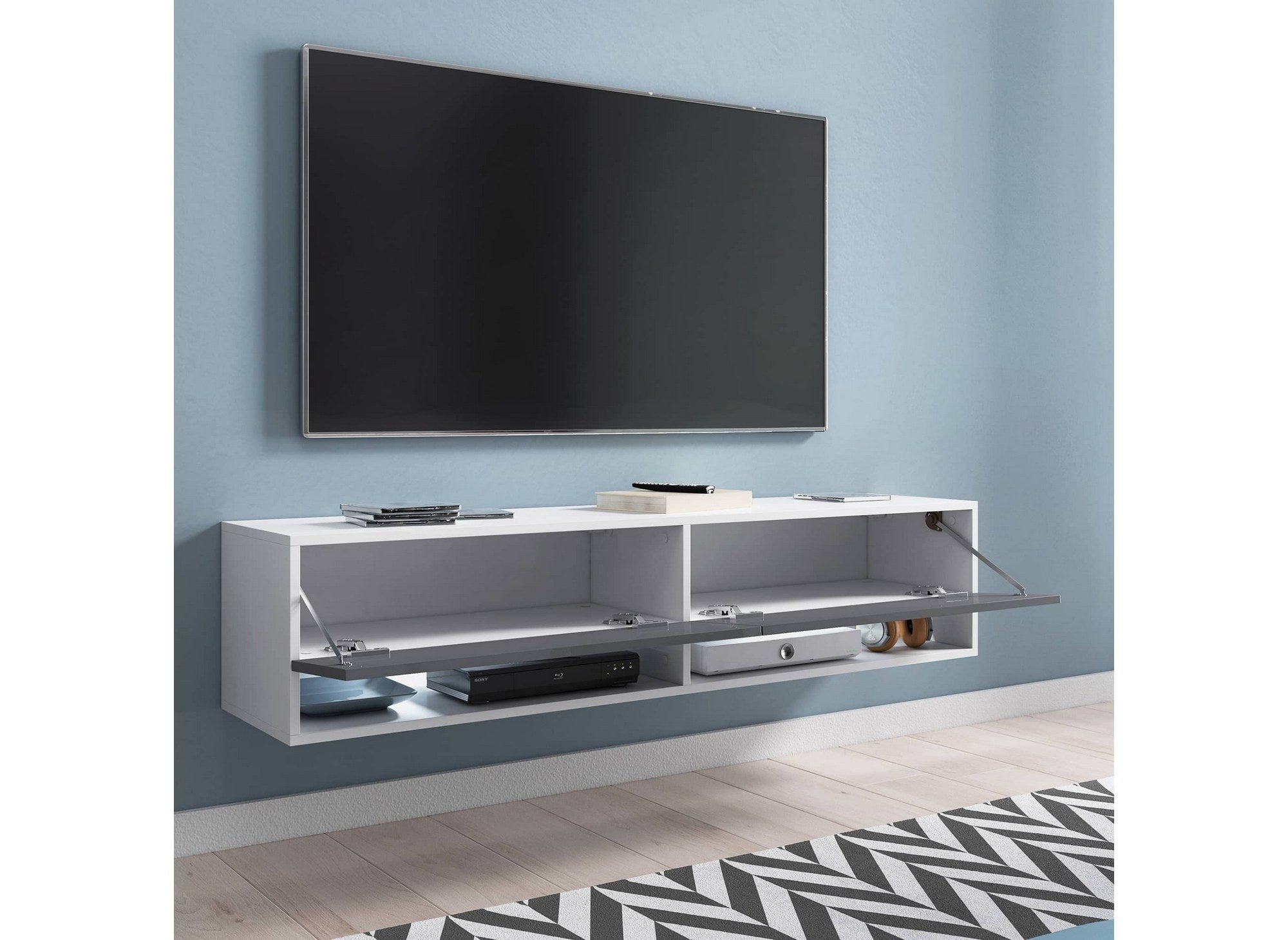 Mueble de TV mural ROMANE XL con 2 puertas y 2 estantes, blanco y gris - 140 cm