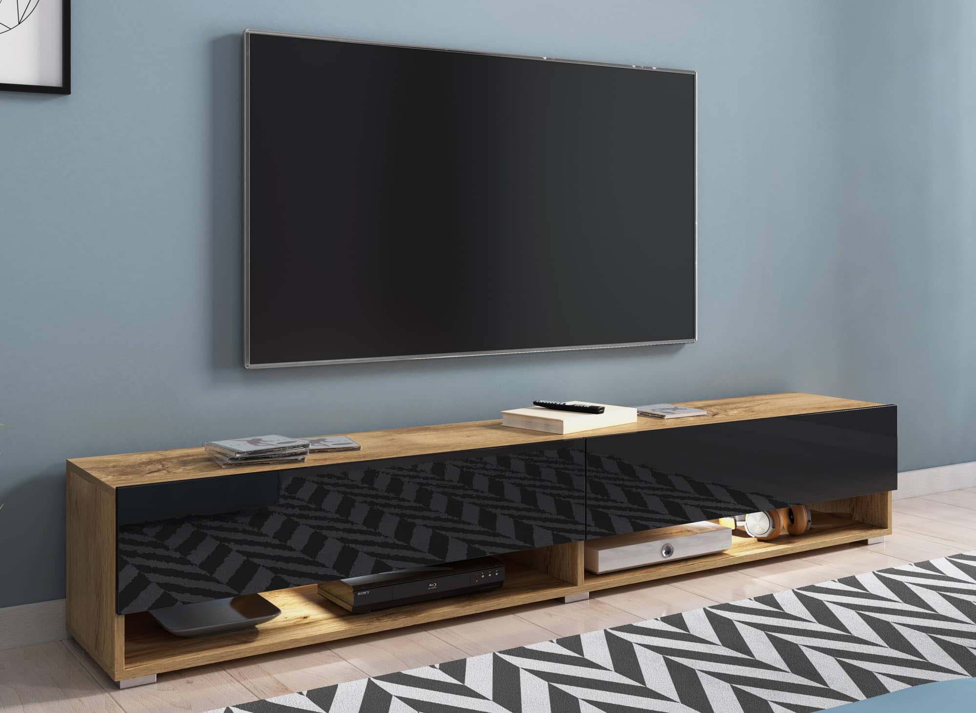 Mueble de TV mural ROMANE XXL con 2 puertas y 2 estantes en roble y negro - 180 cm