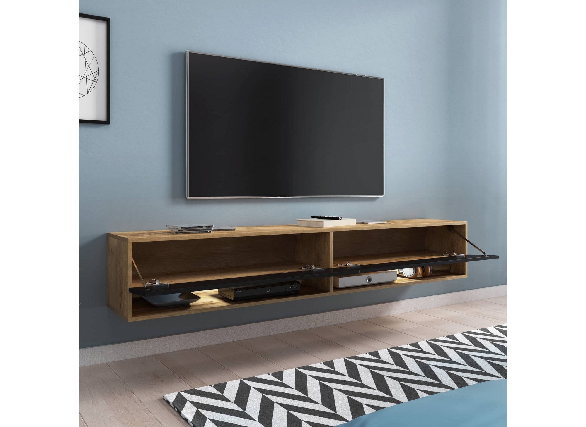 Mueble de TV mural ROMANE XXL con 2 puertas y 2 estantes en roble y negro - 180 cm