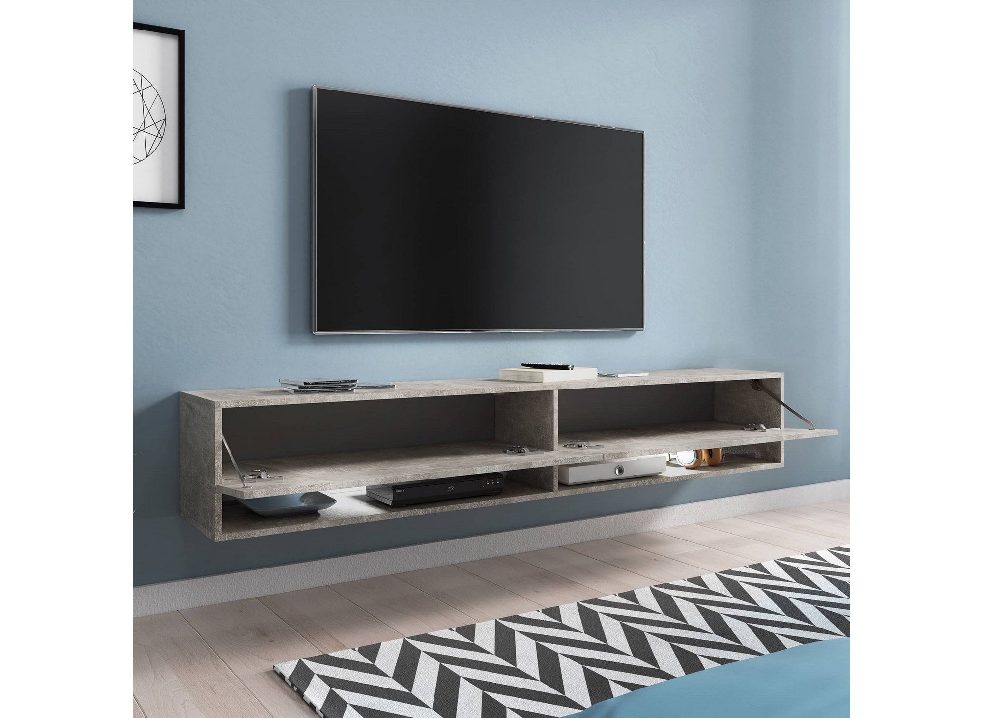 Mueble de TV mural ROMANE XXL con 2 puertas y 2 nichos, gris hormigón - 180 cm