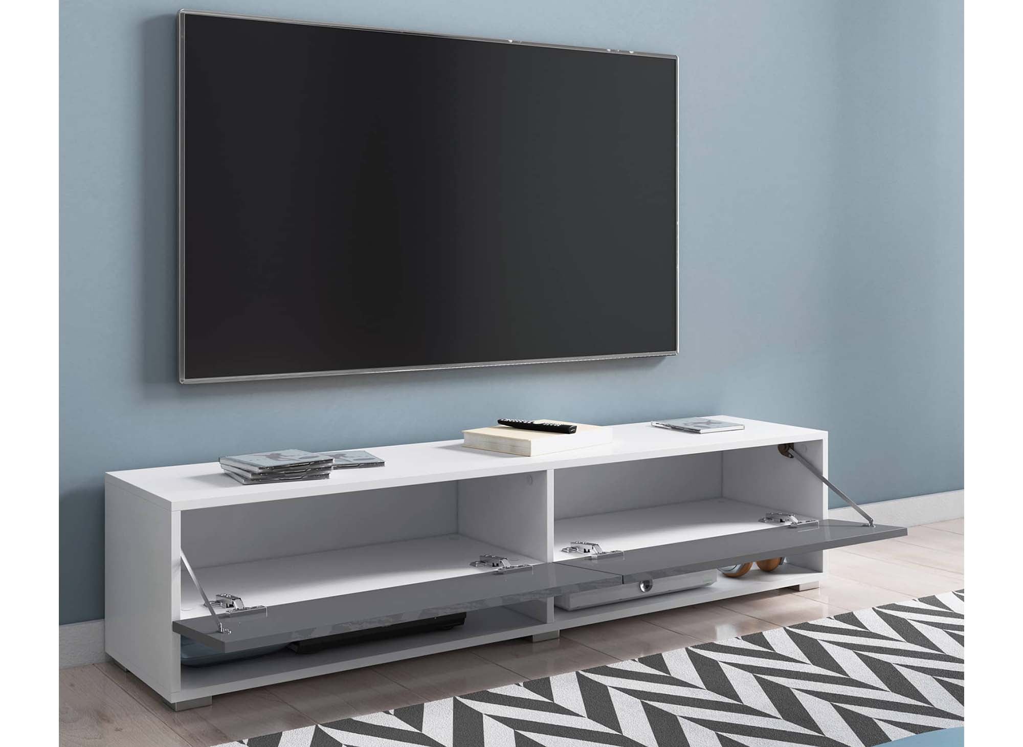 Mueble de TV mural ROMANE XXL con 2 puertas y 2 estantes, blanco y gris - 180 cm