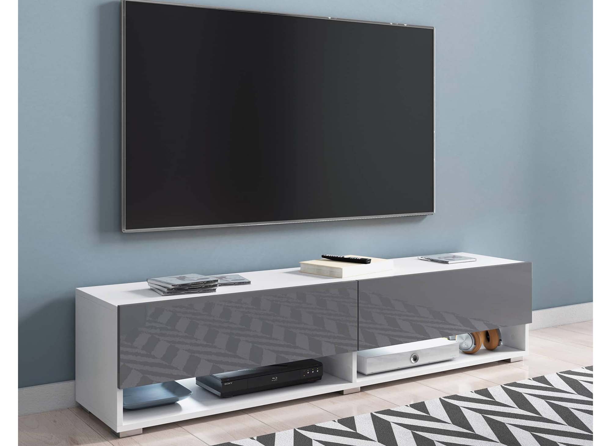 Mueble de TV mural ROMANE XXL con 2 puertas y 2 estantes, blanco y gris - 180 cm