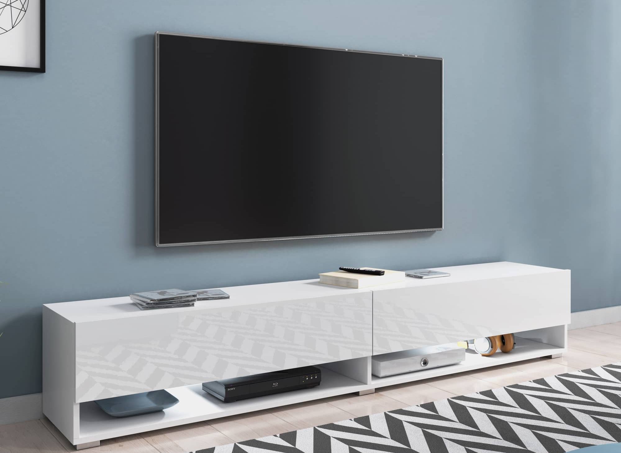 Mueble de TV mural ROMANE XXL con 2 puertas y 2 estantes, blanco - 180 cm
