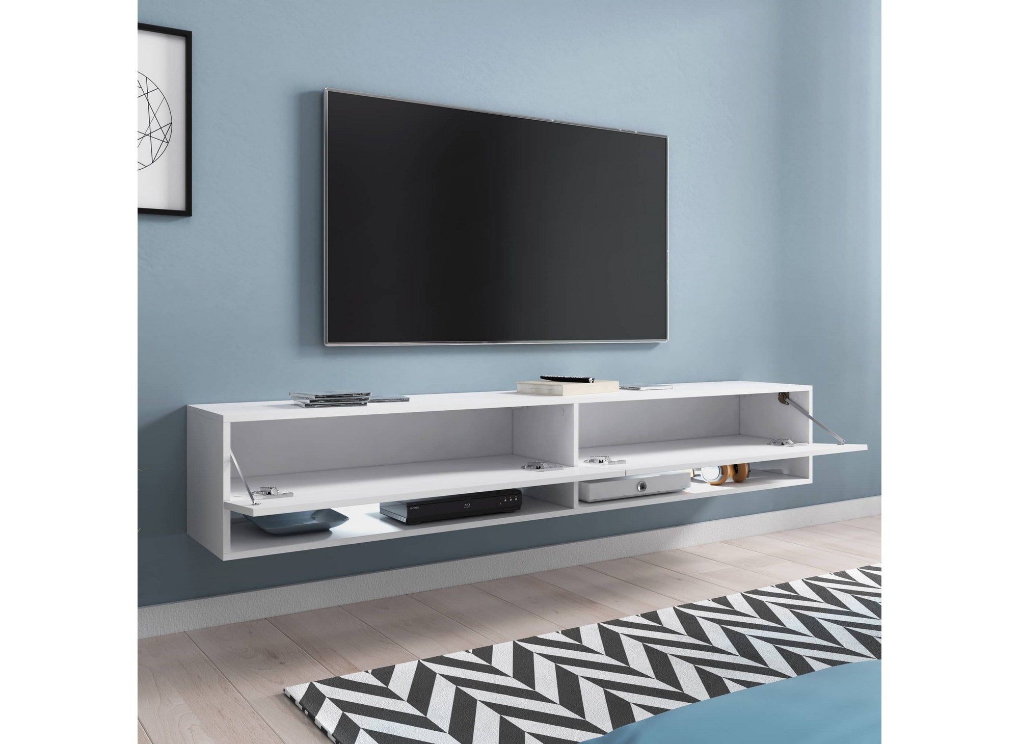 Mueble de TV mural ROMANE XXL con 2 puertas y 2 estantes, blanco - 180 cm