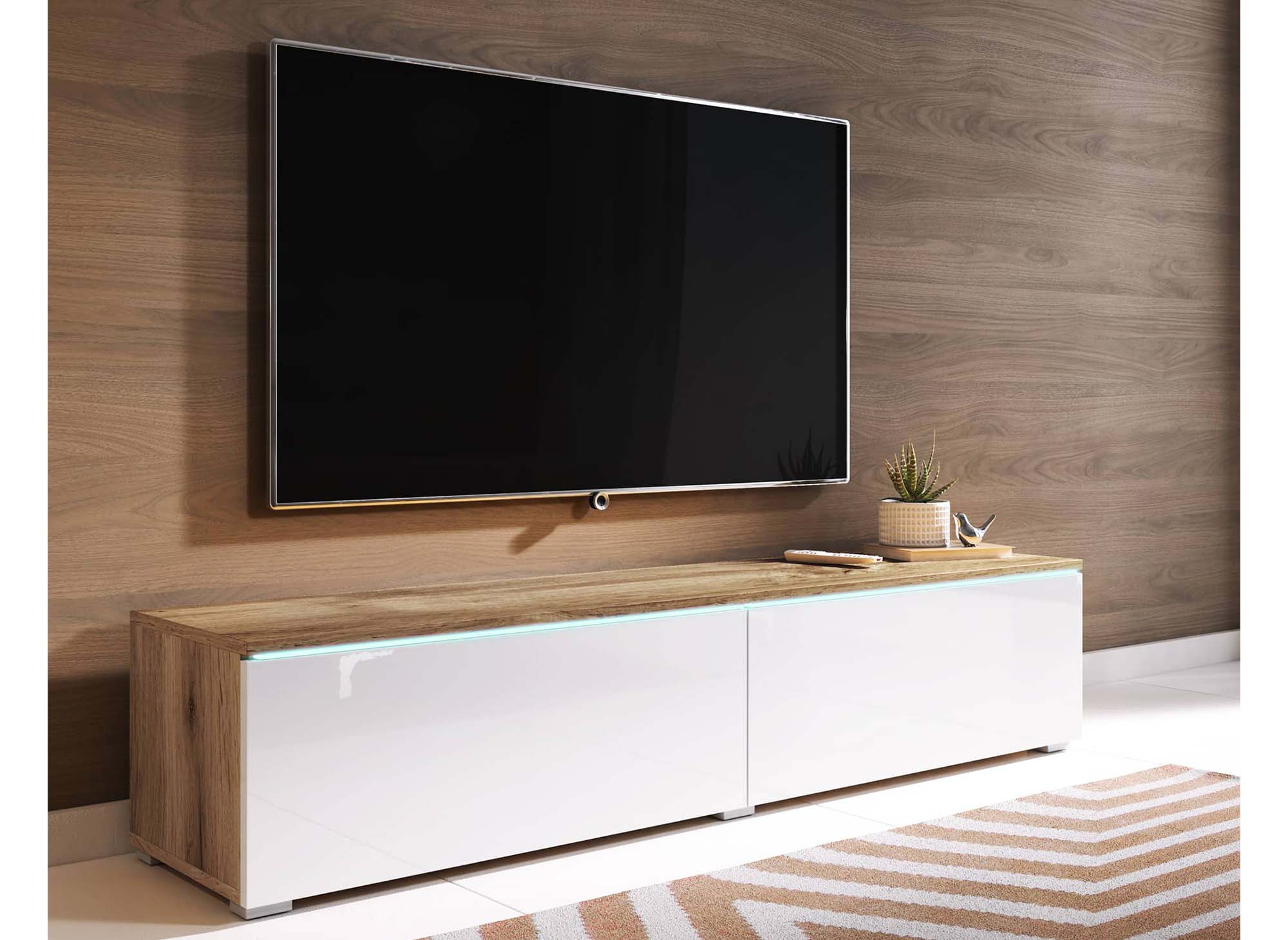 Mueble de TV MALORIE contemporáneo de roble lacado en blanco con iluminación LED y 2 puertas - 140 cm