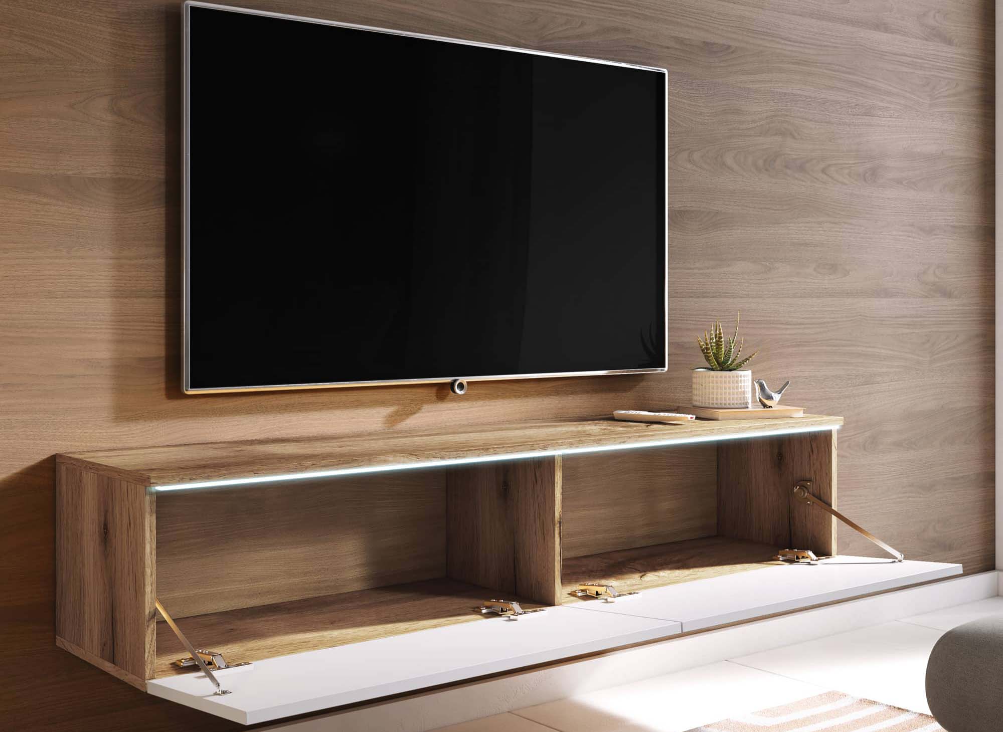 Mueble de TV MALORIE contemporáneo de roble lacado en blanco con iluminación LED y 2 puertas - 140 cm