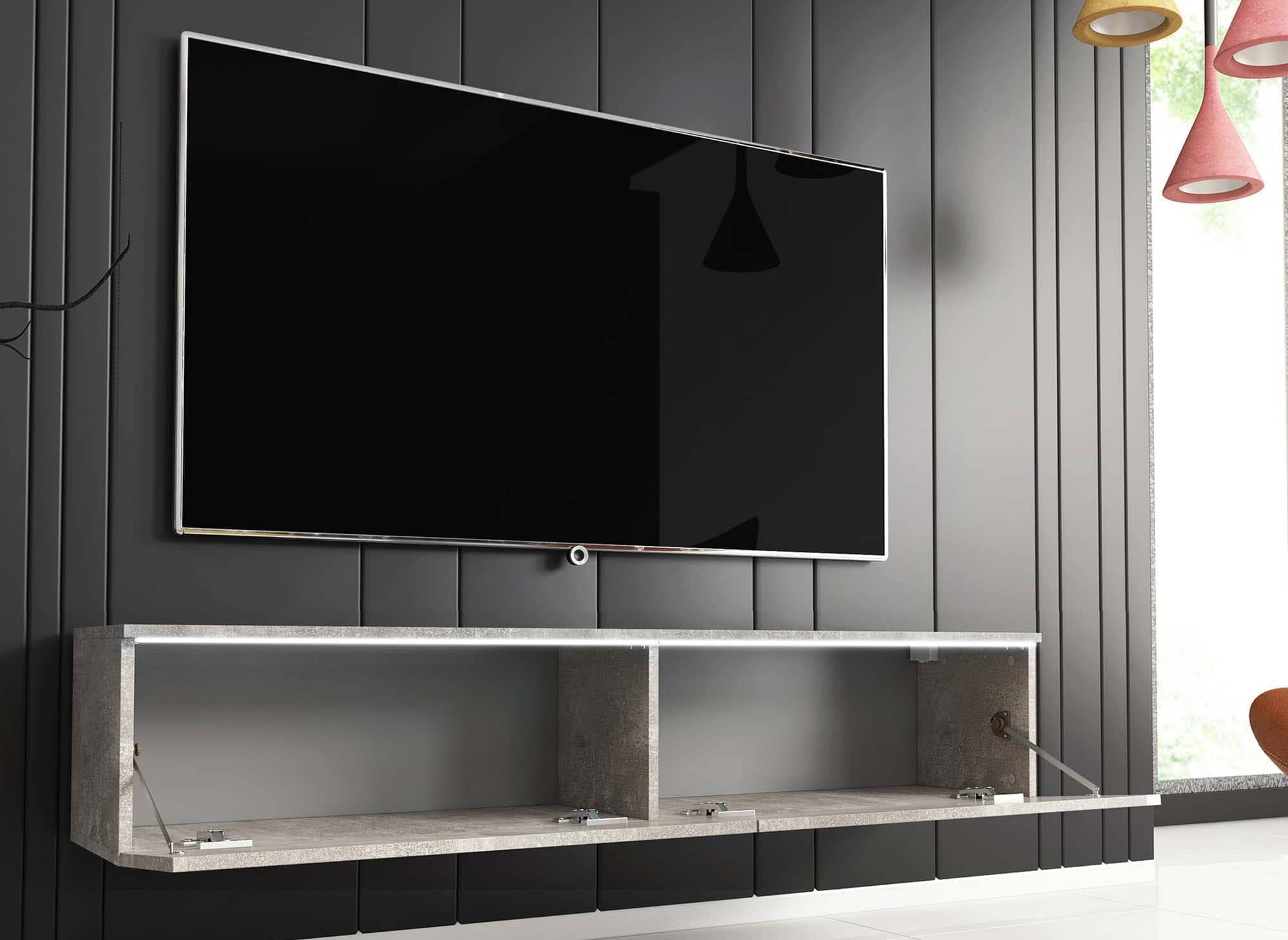 Mueble de TV contemporáneo MALORIE en gris hormigón con iluminación LED y 2 puertas - 140 cm