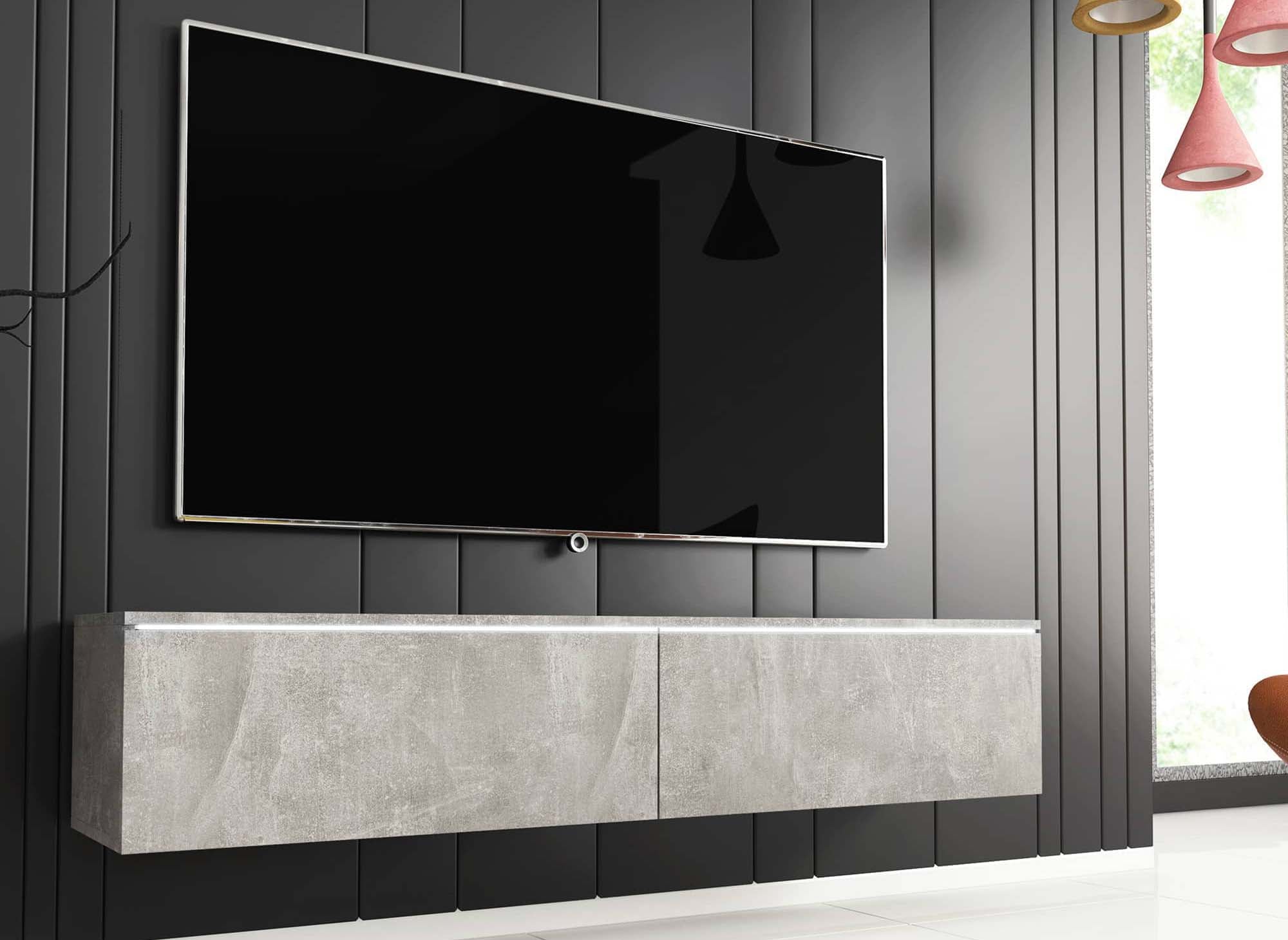 Mueble de TV contemporáneo MALORIE en gris hormigón con iluminación LED y 2 puertas - 140 cm