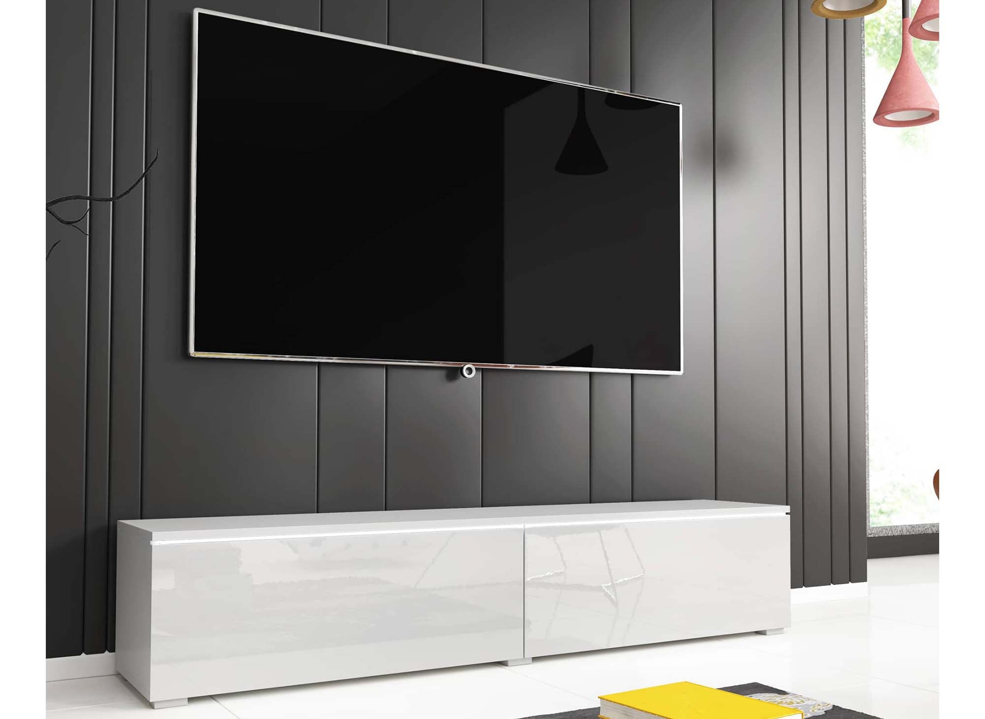 Mueble de TV contemporáneo MALORIE de 2 puertas lacado en blanco con iluminación LED - 140 cm