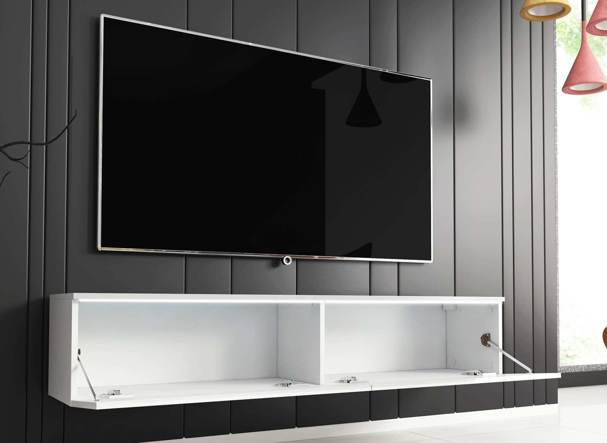 Mueble de TV contemporáneo MALORIE de 2 puertas lacado en blanco con iluminación LED - 140 cm