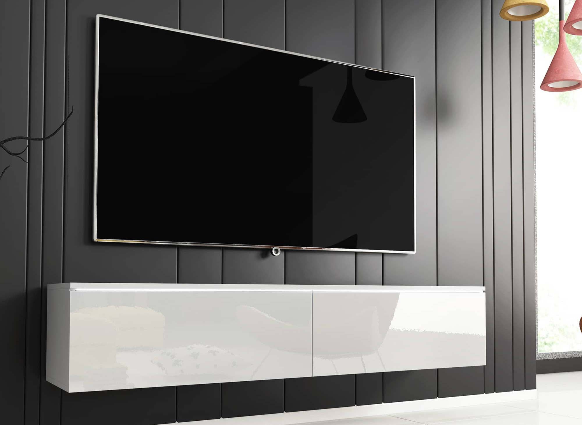 Mueble de TV contemporáneo MALORIE de 2 puertas lacado en blanco con iluminación LED - 140 cm