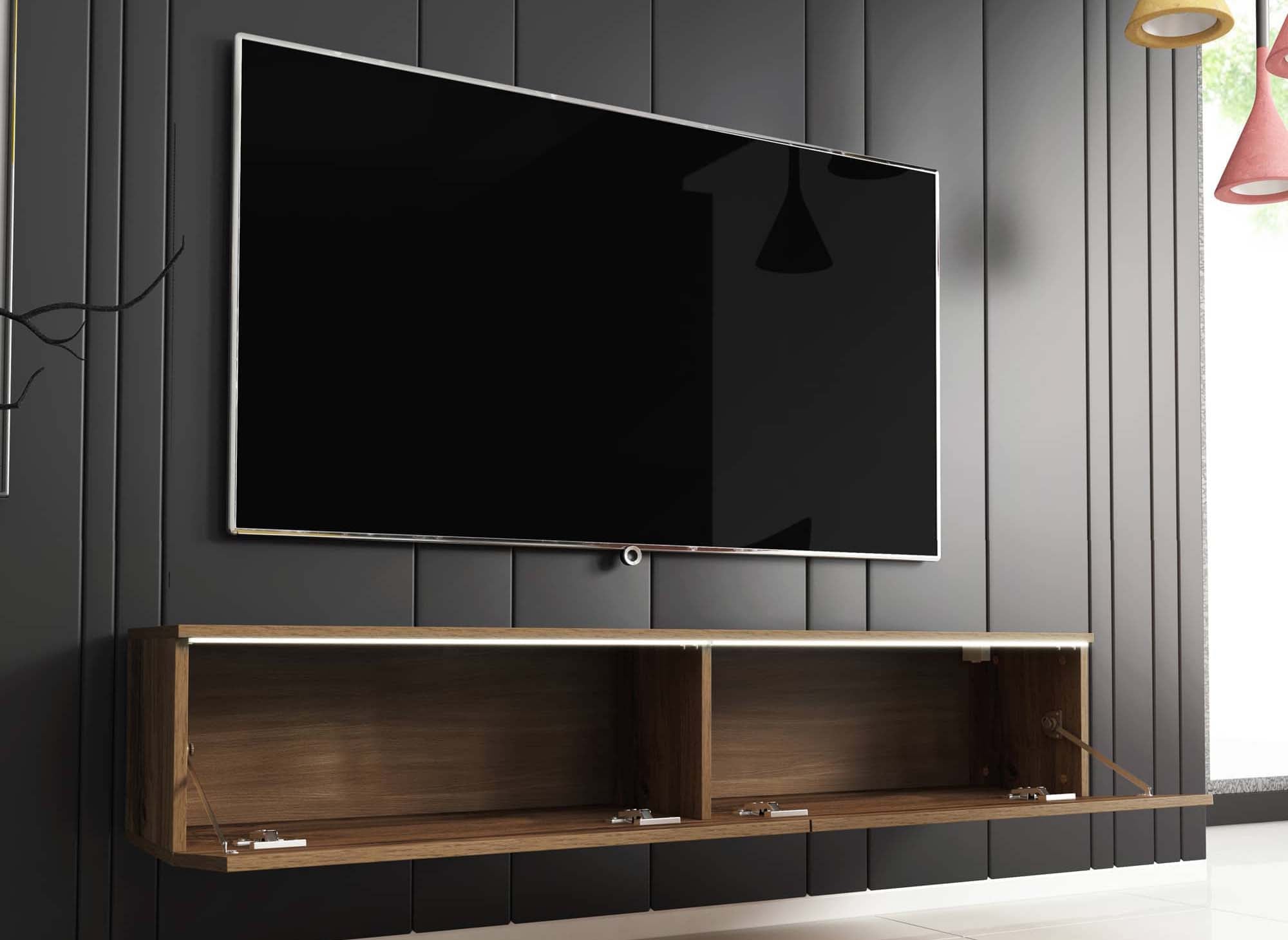 Mueble de TV MALORIE de roble contemporáneo con iluminación LED y 2 puertas - 140 cm