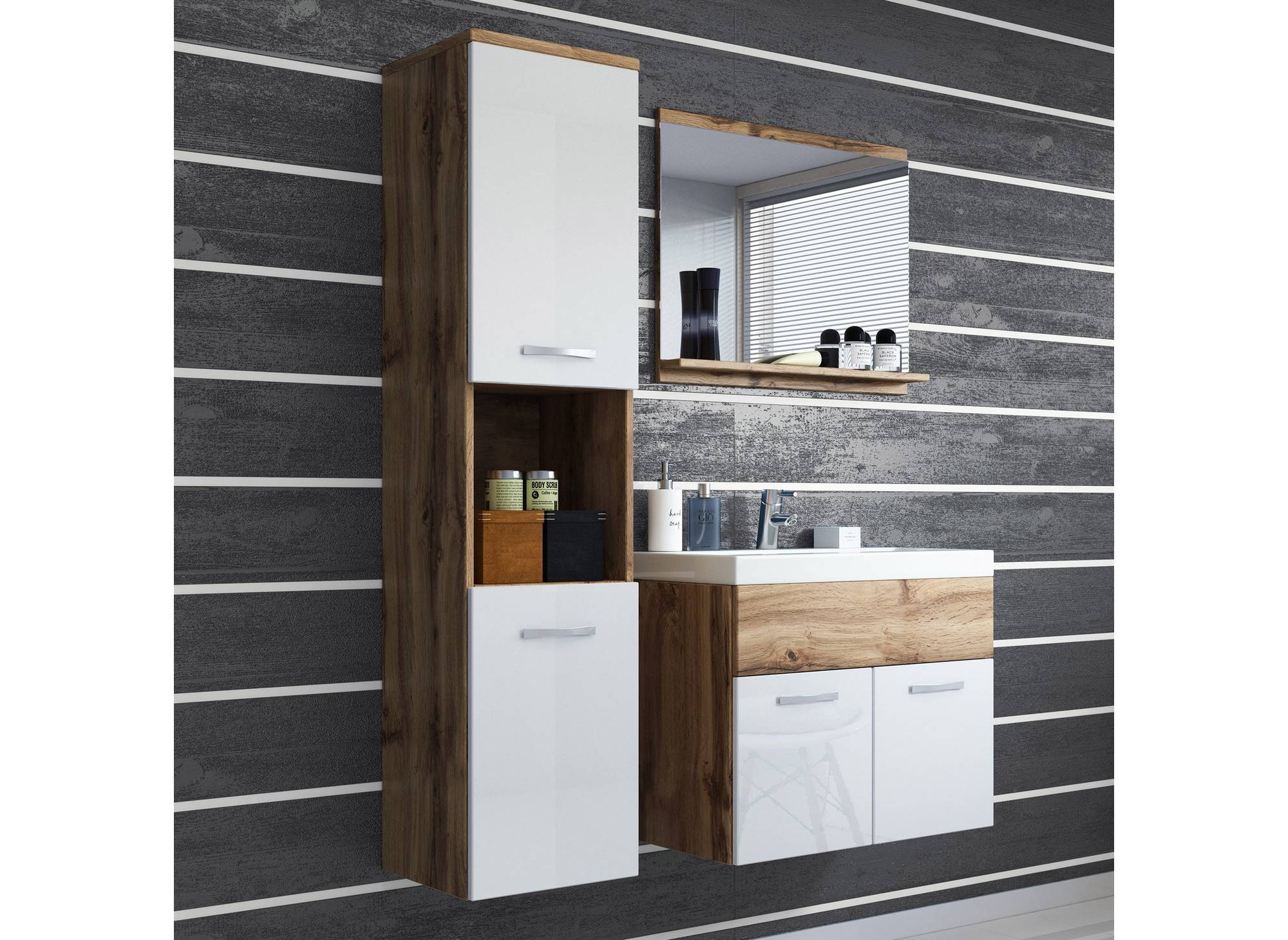 Conjunto de muebles de baño de pared HARMONY - Madera y blanco