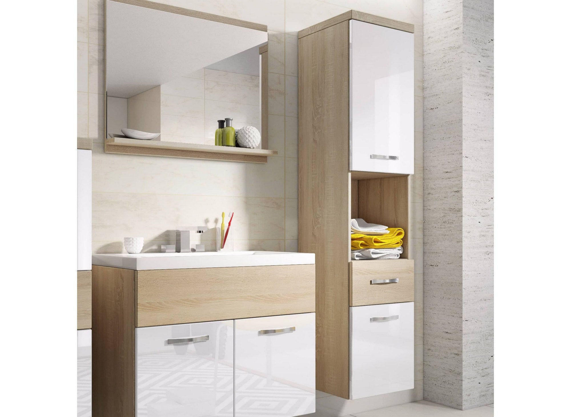 Conjunto de muebles de baño suspendidos - Madera y blanco SHELBY