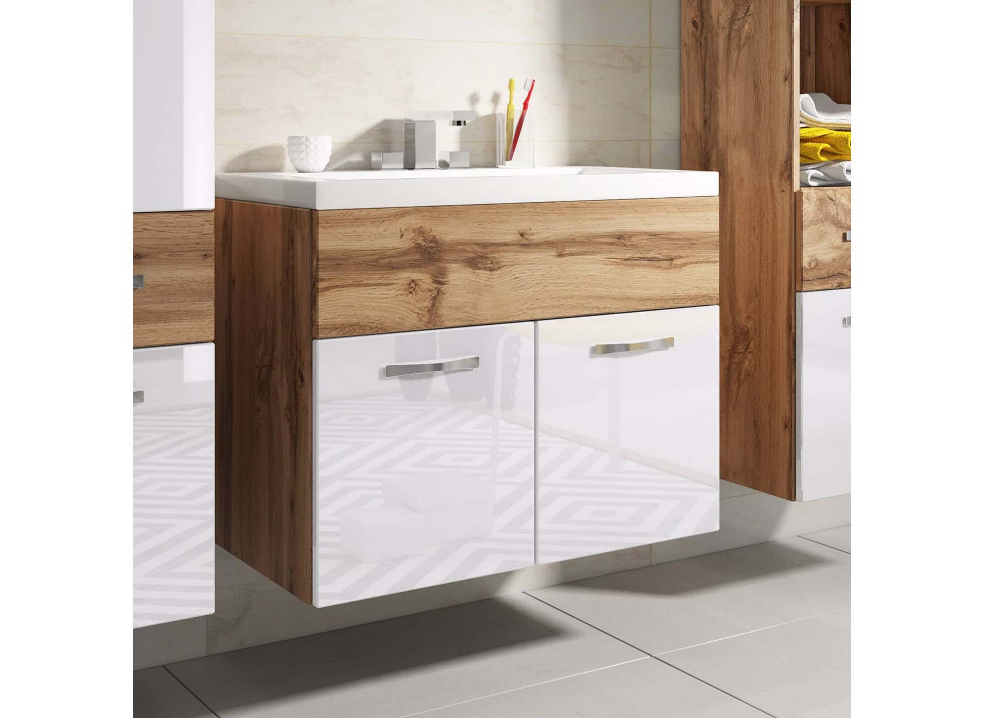 Conjunto de muebles de baño suspendidos - Madera envejecida y blanco SHELBY