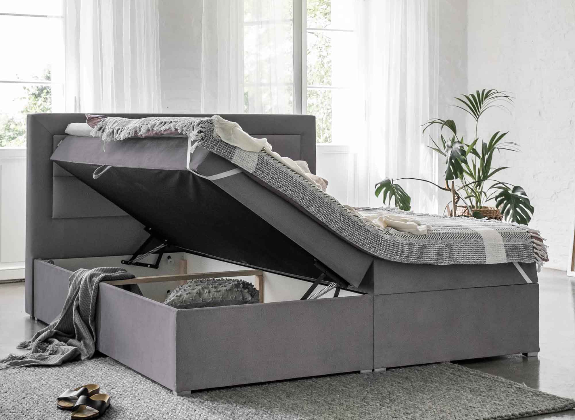 Cama con somier DAKOTA de 160x200 con compartimento de almacenamiento en terciopelo gris