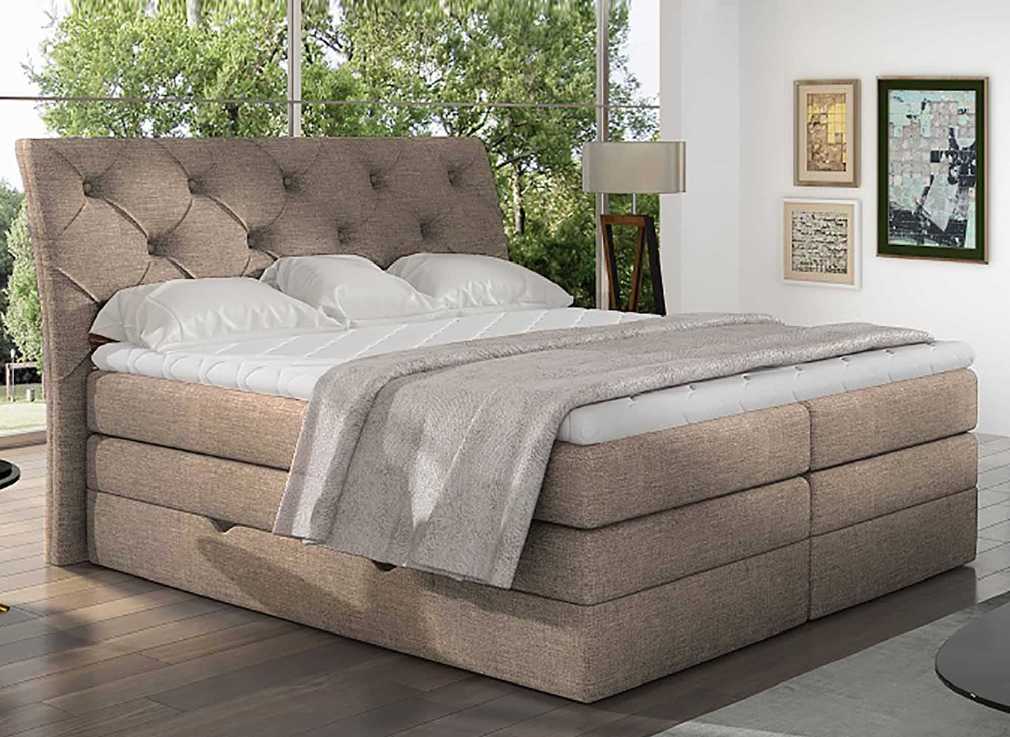 Cama con somier MIRANDA de 180x200 con compartimento de almacenaje en tela beige
