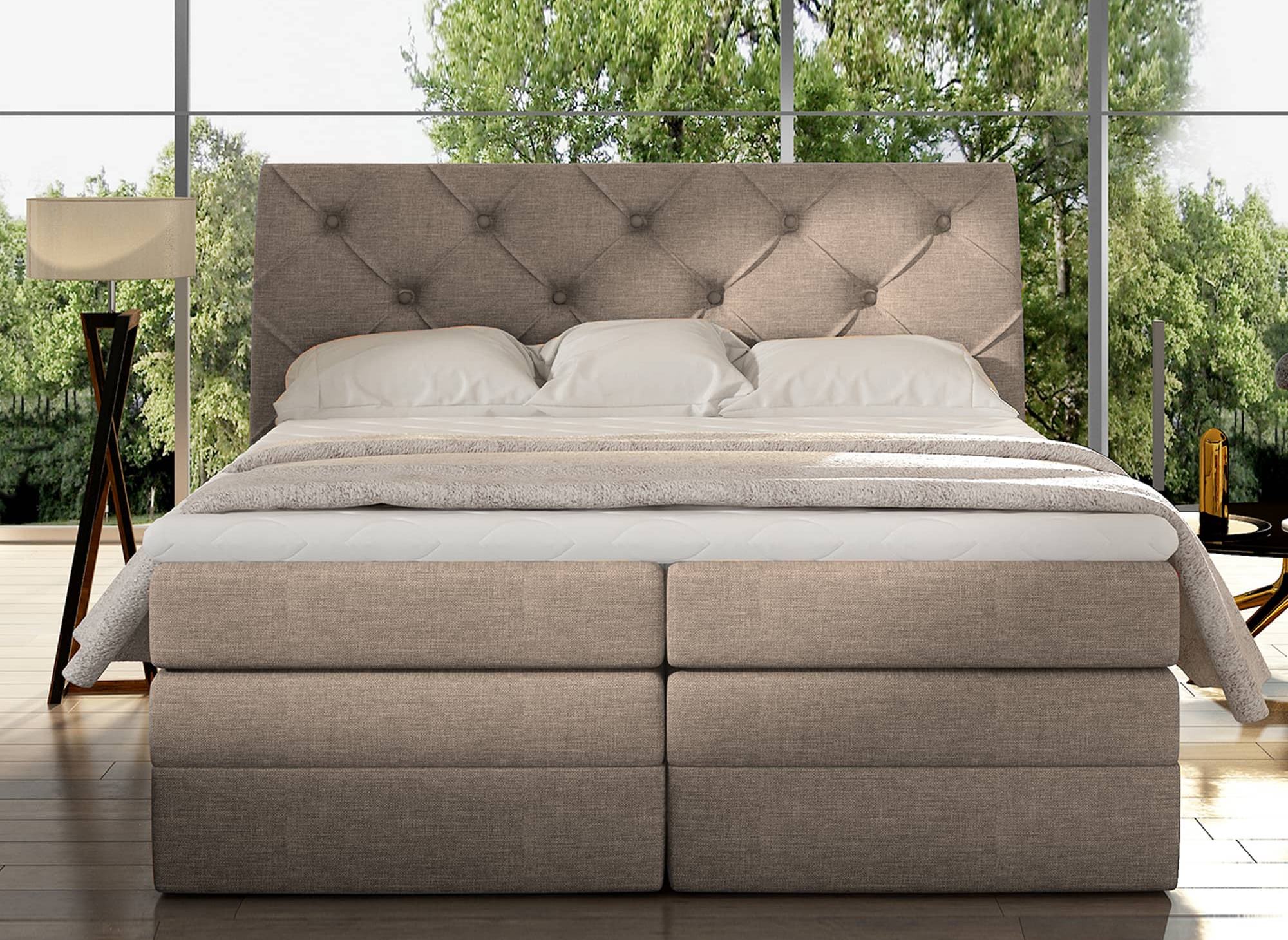 Cama con somier MIRANDA de 180x200 con compartimento de almacenaje en tela beige