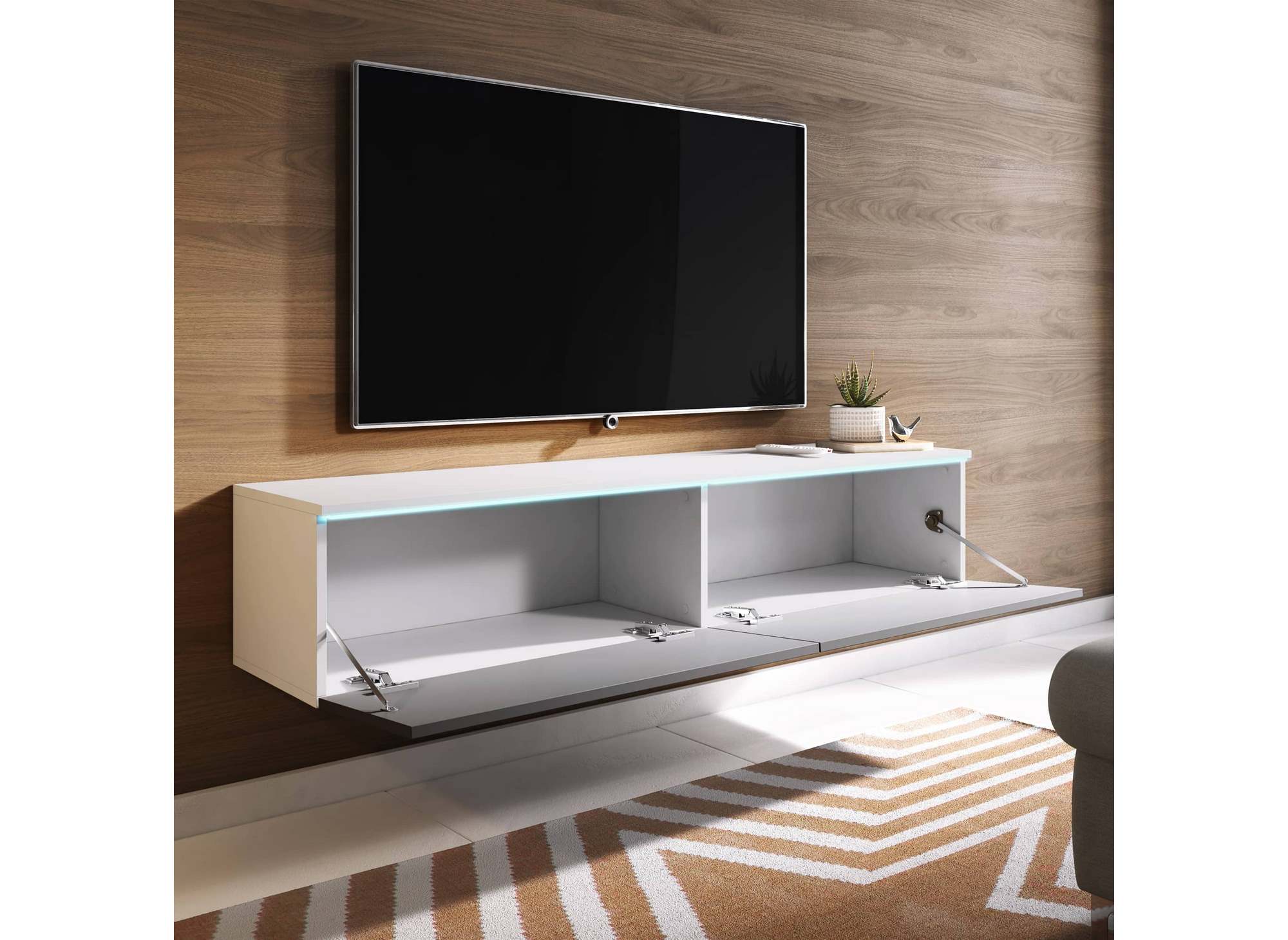 Mueble de TV MALORIE contemporáneo lacado en gris y blanco con iluminación LED y 2 puertas - 140 cm