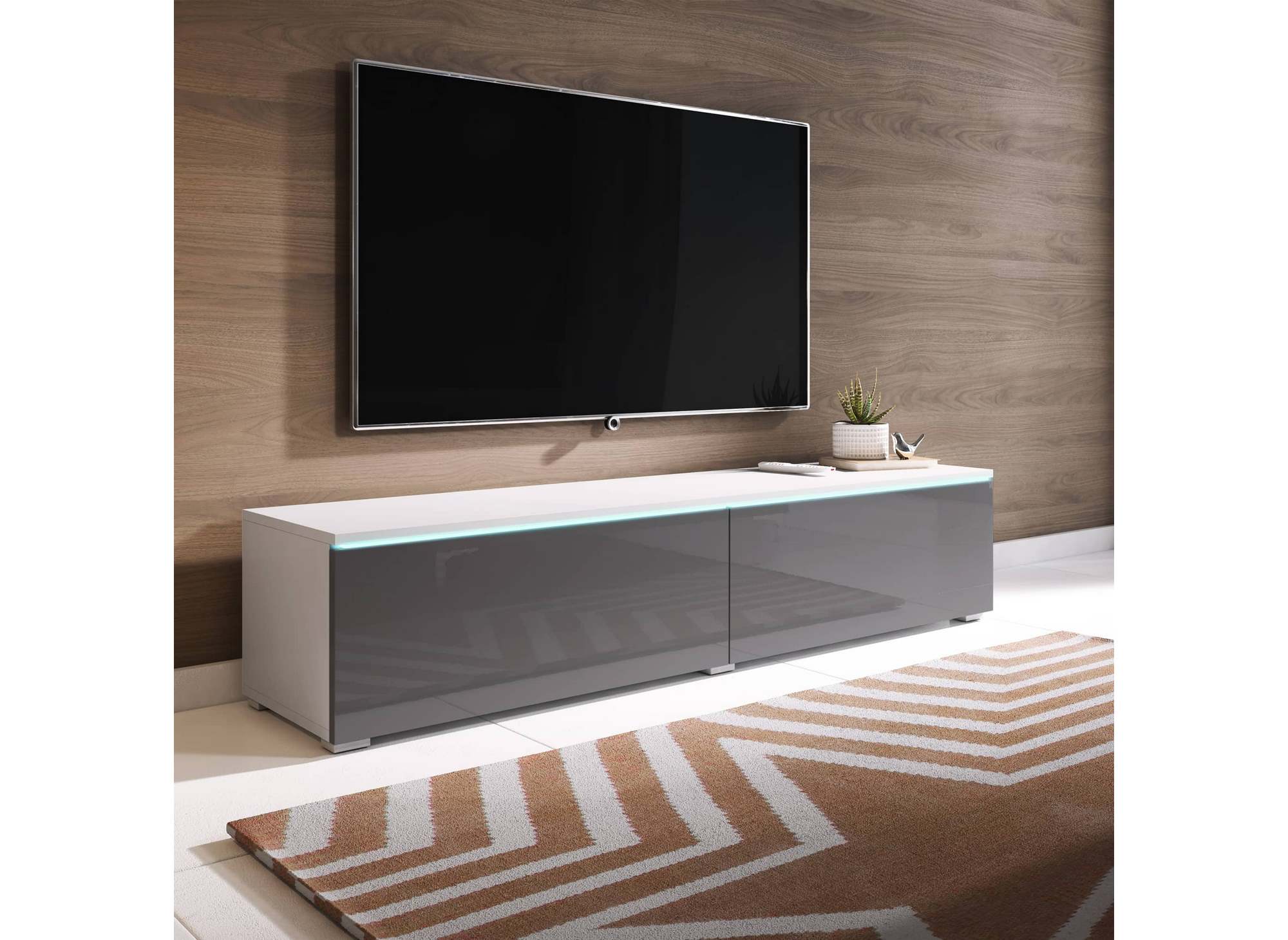 Mueble de TV MALORIE contemporáneo lacado en gris y blanco con iluminación LED y 2 puertas - 140 cm