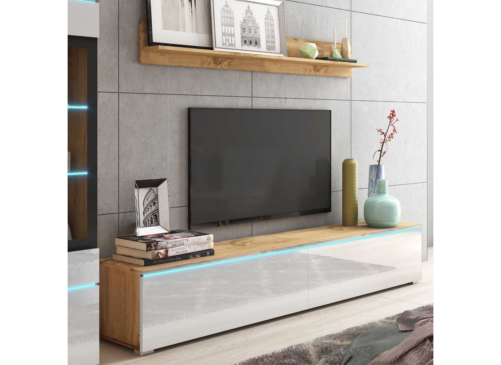 Mueble de TV contemporáneo en roble y laca blanca con iluminación LED - VERONICA