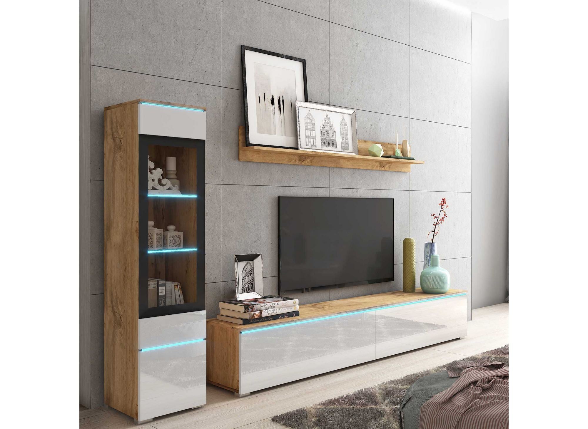 Mueble de TV contemporáneo en roble y laca blanca con iluminación LED - VERONICA