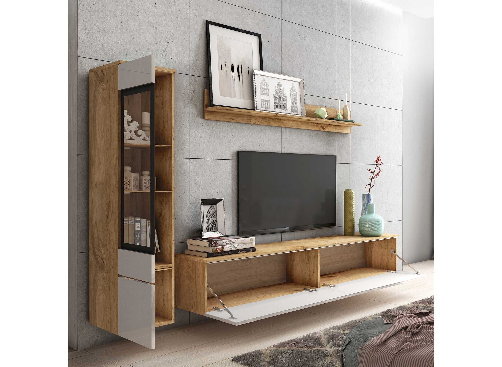 Mueble de TV contemporáneo en roble y laca blanca con iluminación LED - VERONICA