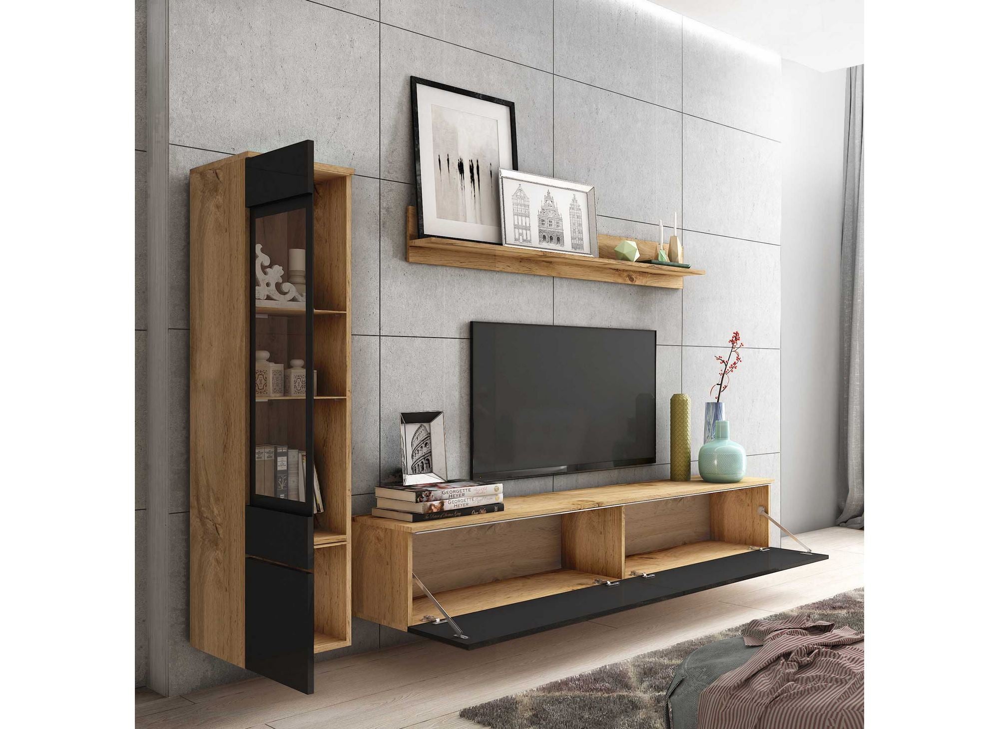 Mueble de TV contemporáneo en roble y laca negra con iluminación LED - VERONICA