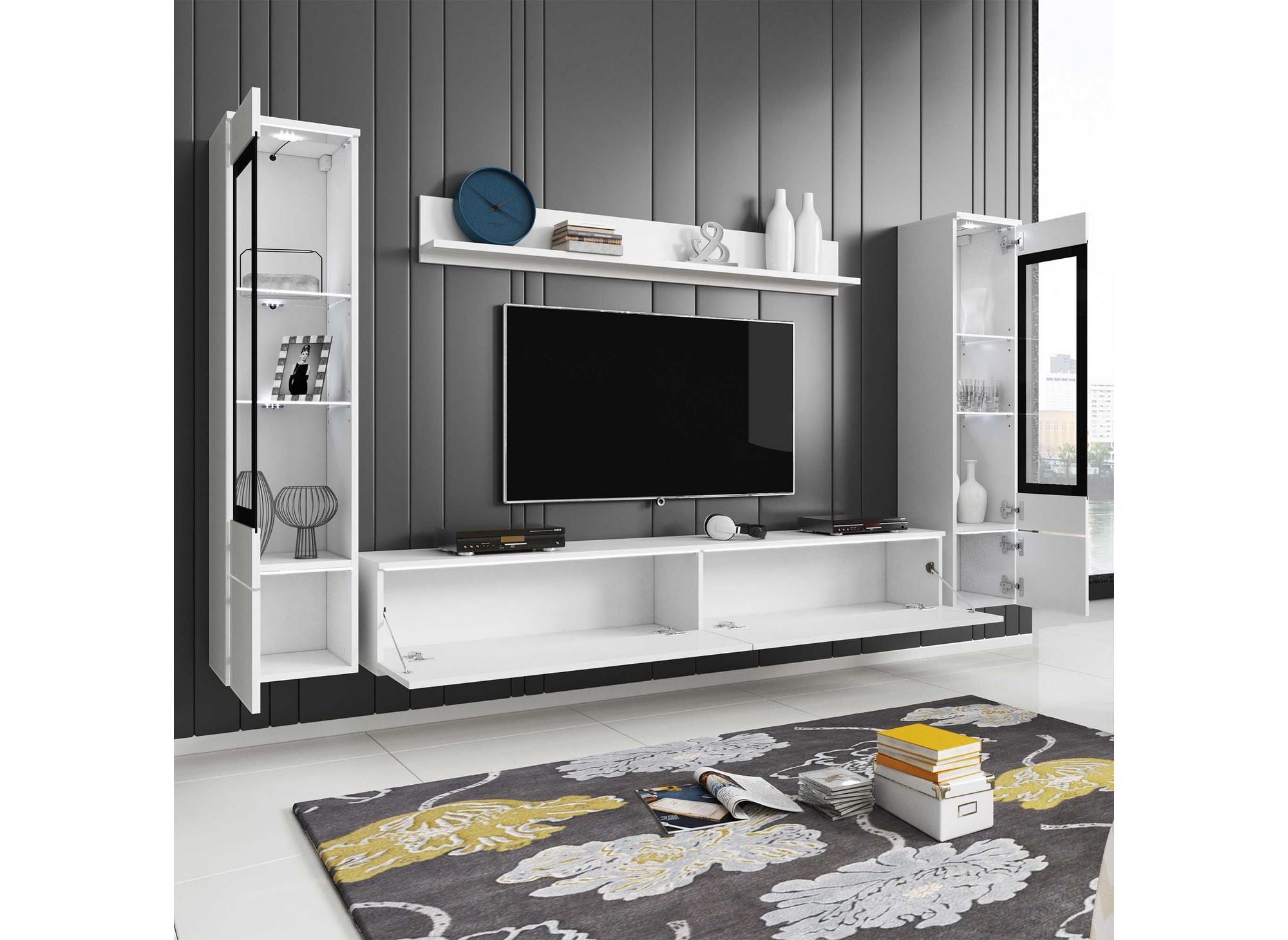 Mueble de TV contemporáneo lacado en blanco con iluminación LED - VERONICA XL