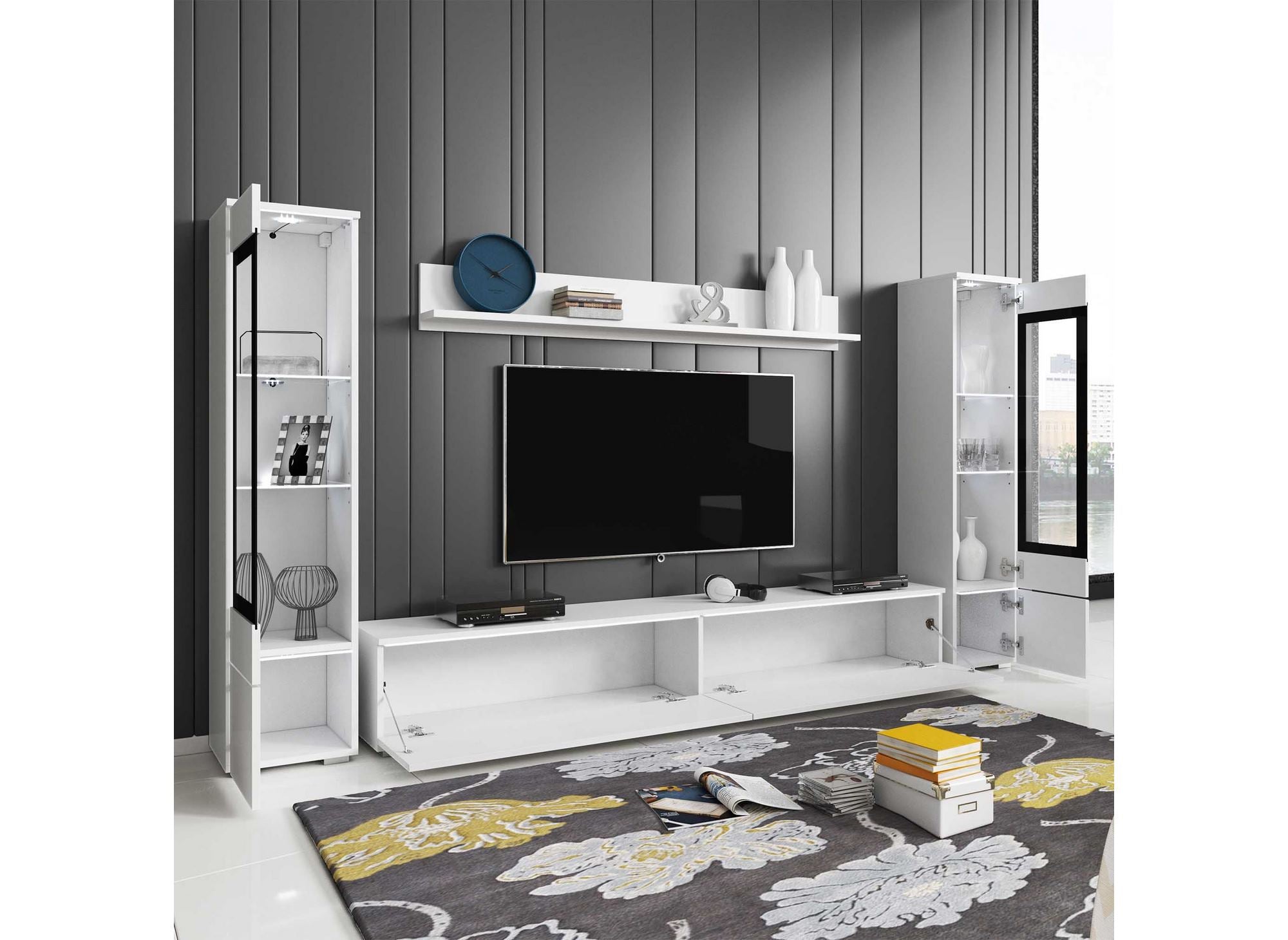 Mueble de TV contemporáneo lacado en blanco con iluminación LED - VERONICA XL