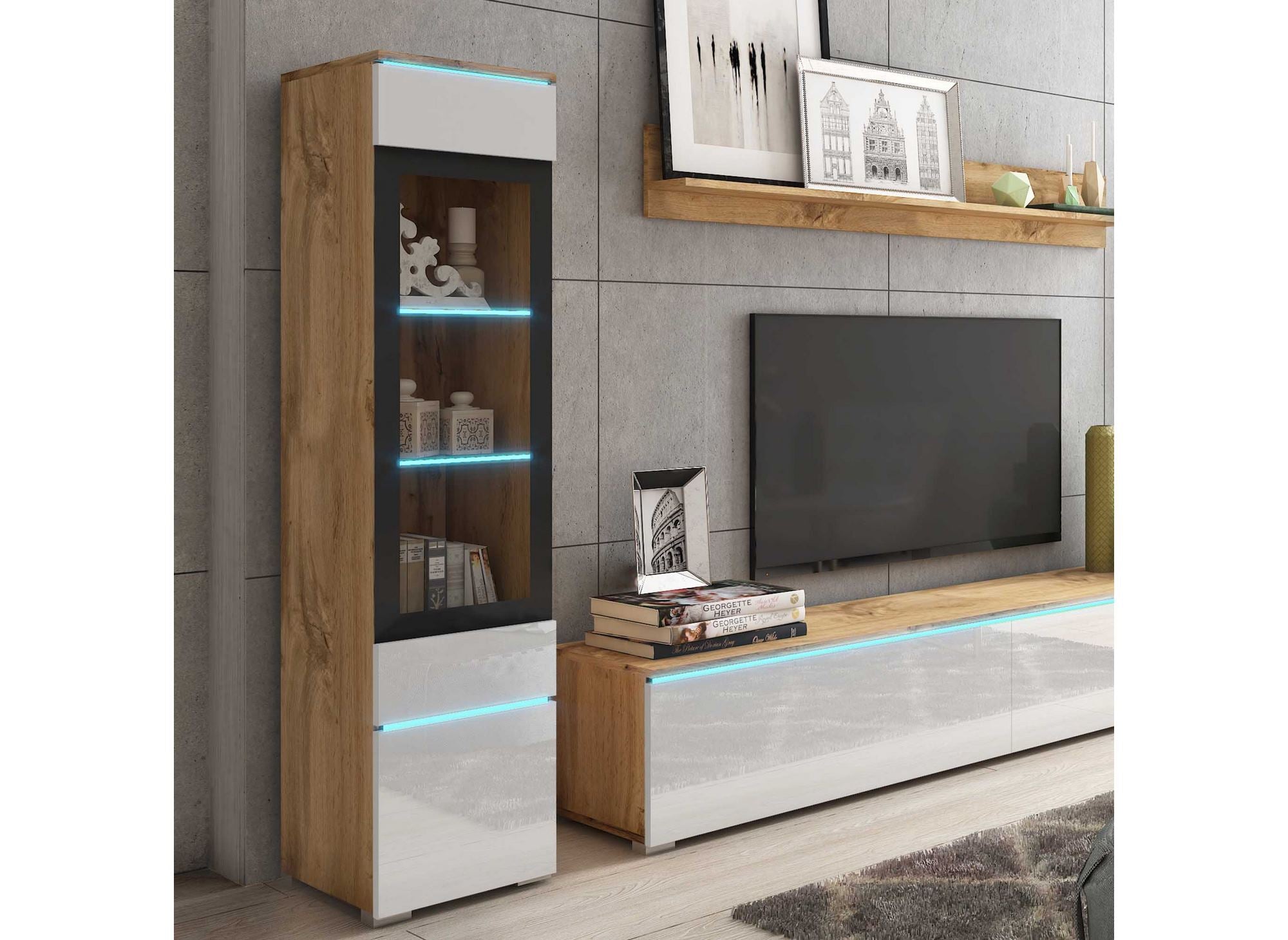 Mueble de TV contemporáneo en roble y laca blanca con iluminación LED - VERONICA XL