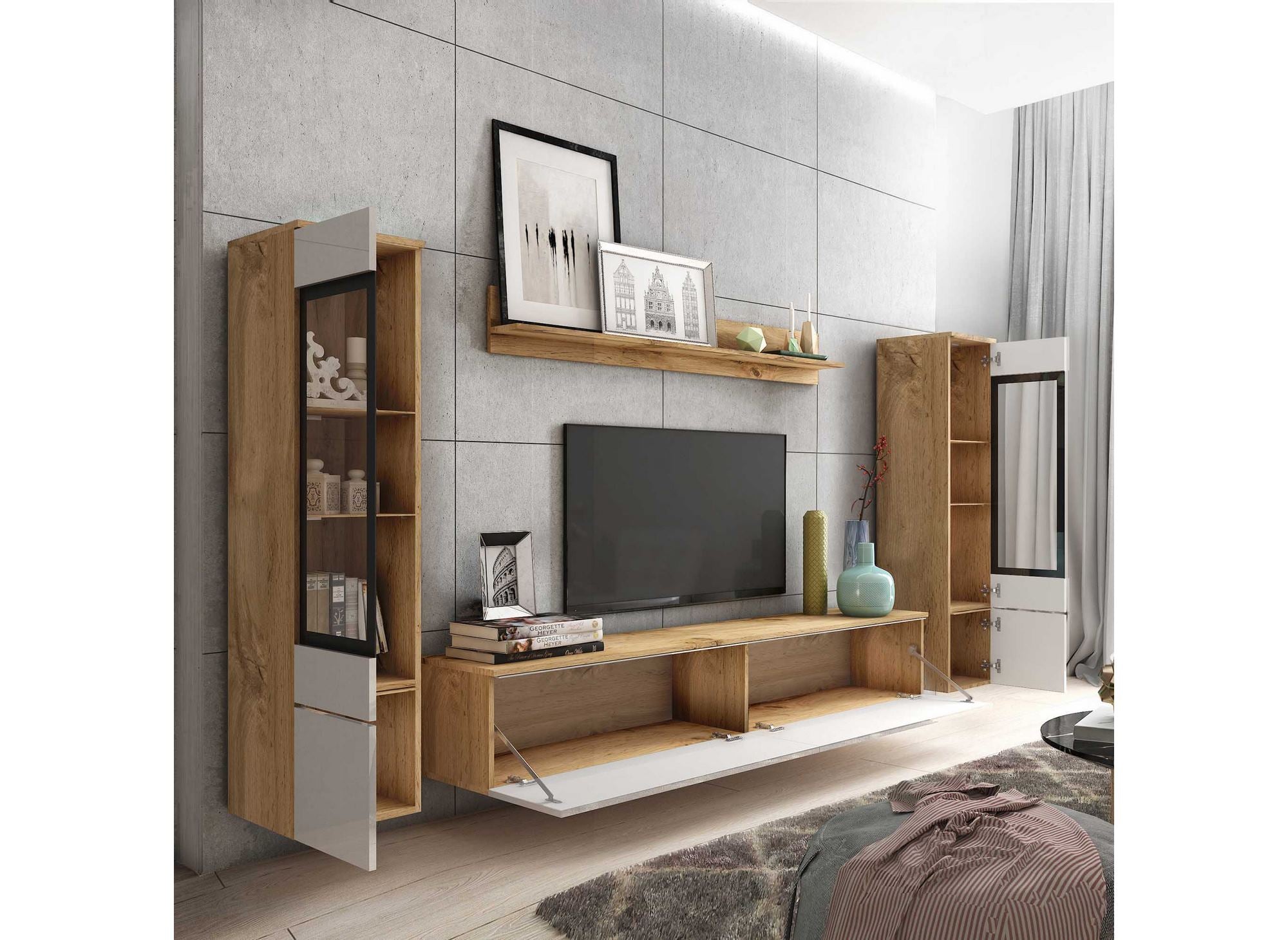 Mueble de TV contemporáneo en roble y laca blanca con iluminación LED - VERONICA XL