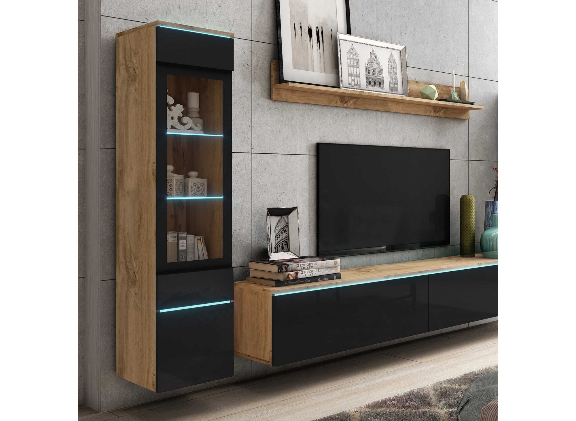 Mueble de TV contemporáneo en roble y laca negra con iluminación LED - VERONICA XL