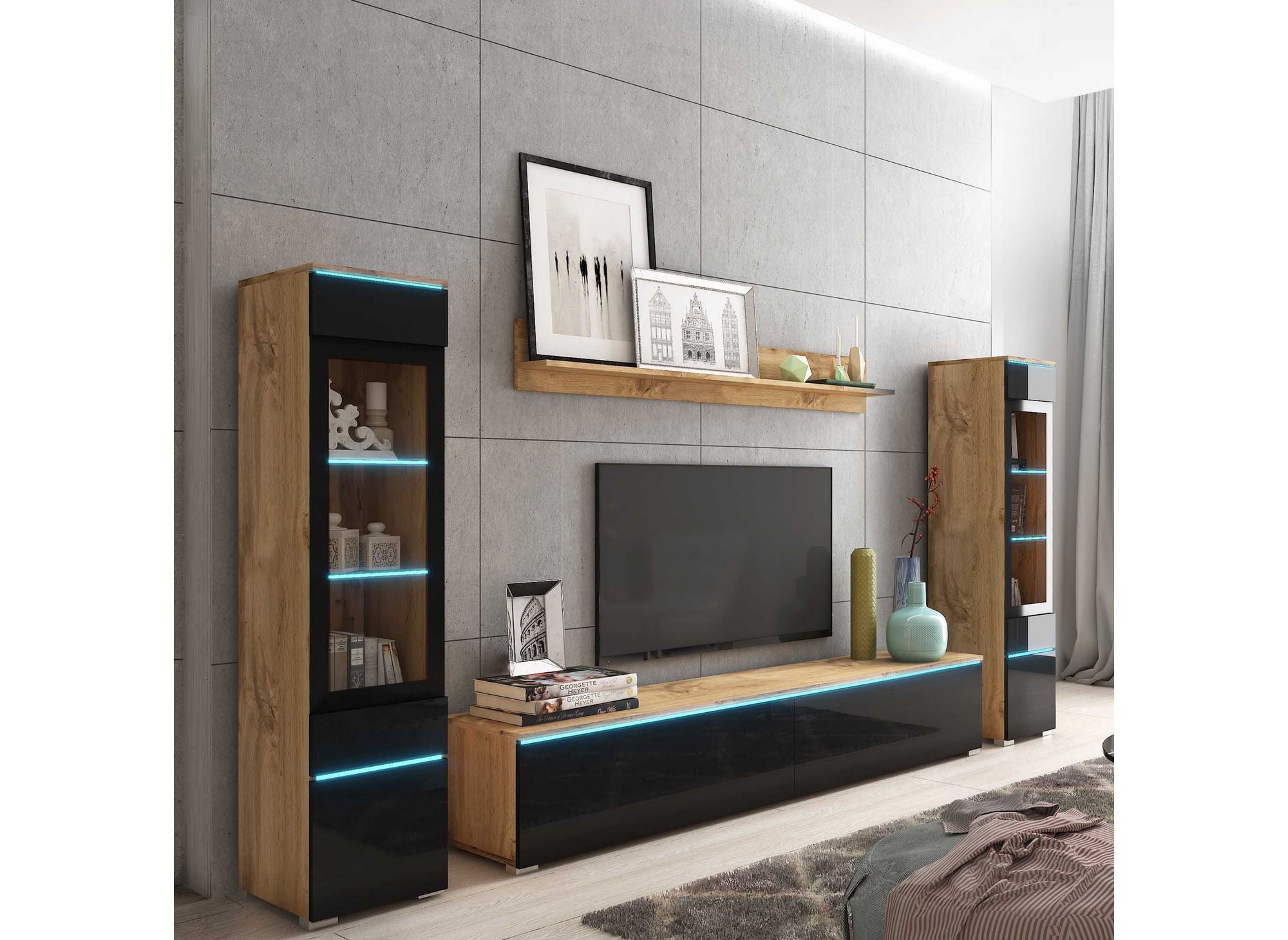 Mueble de TV contemporáneo en roble y laca negra con iluminación LED - VERONICA XL