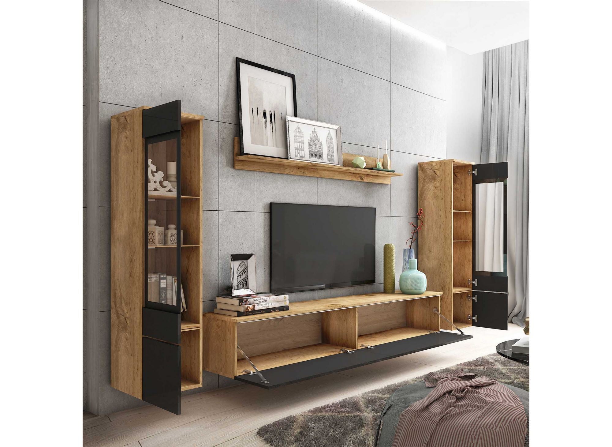 Mueble de TV contemporáneo en roble y laca negra con iluminación LED - VERONICA XL