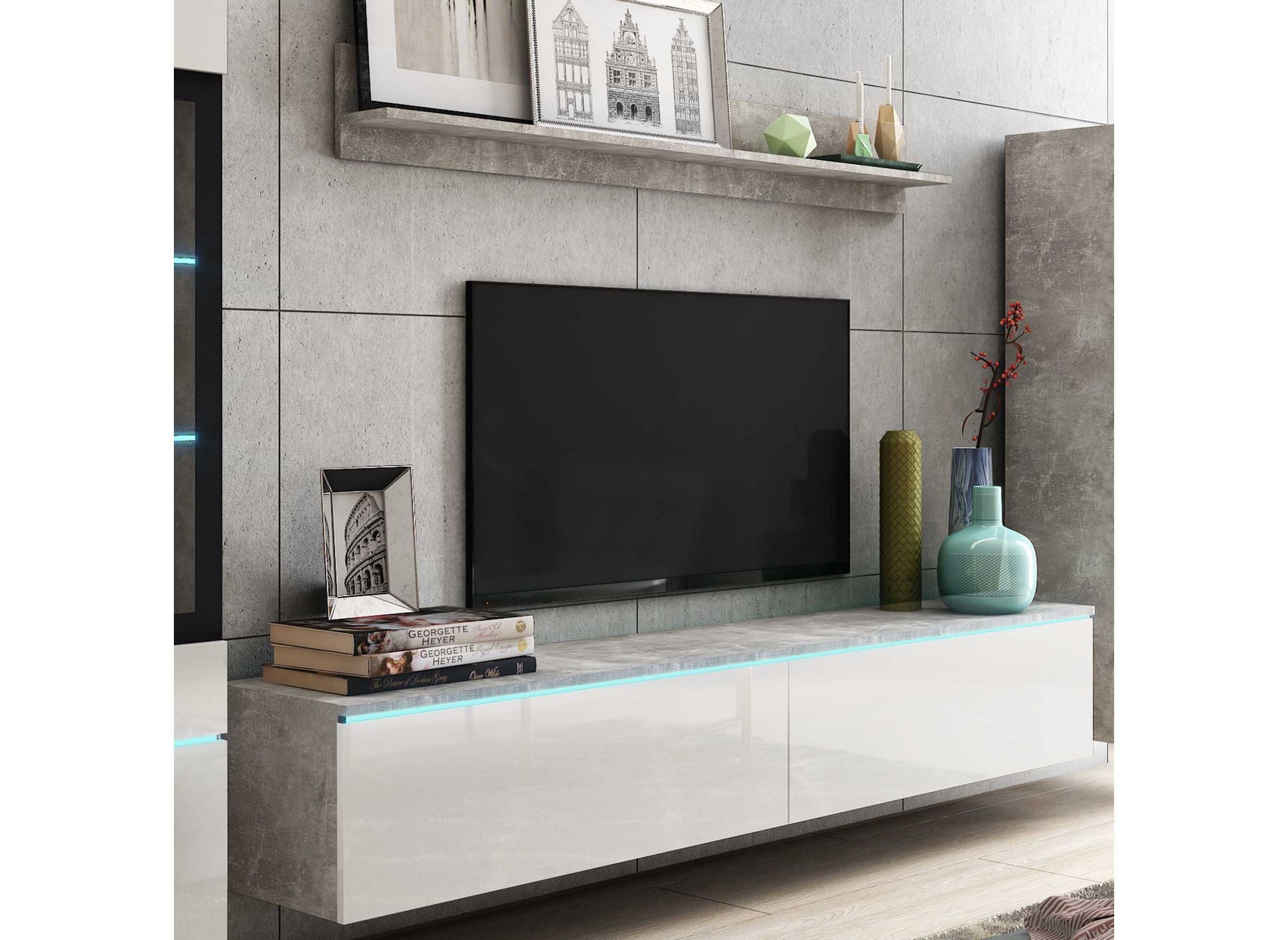 Mueble de TV contemporáneo en hormigón gris y lacado blanco con iluminación LED - VERONICA