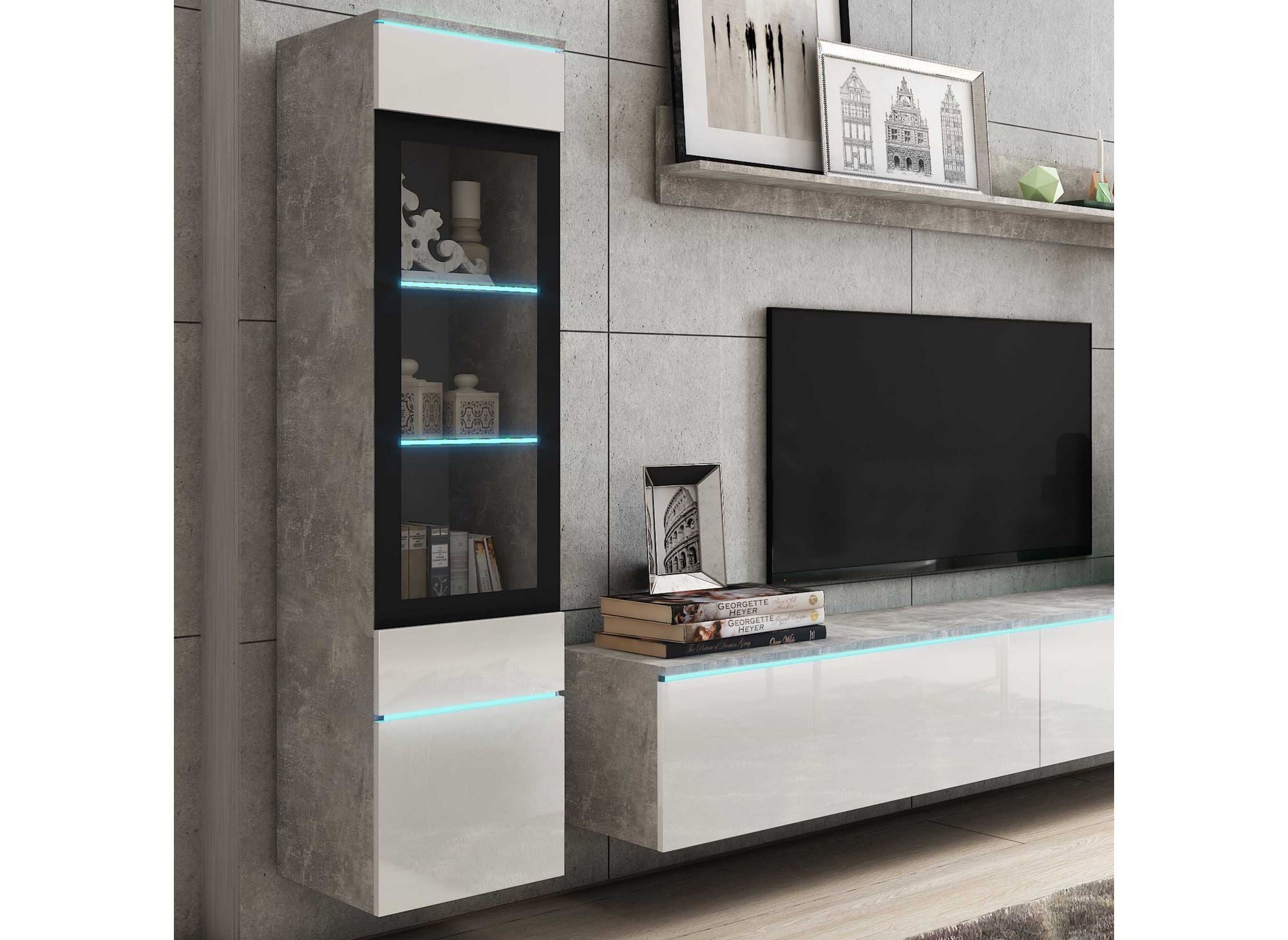Mueble de TV contemporáneo en hormigón gris y lacado blanco con iluminación LED - VERONICA