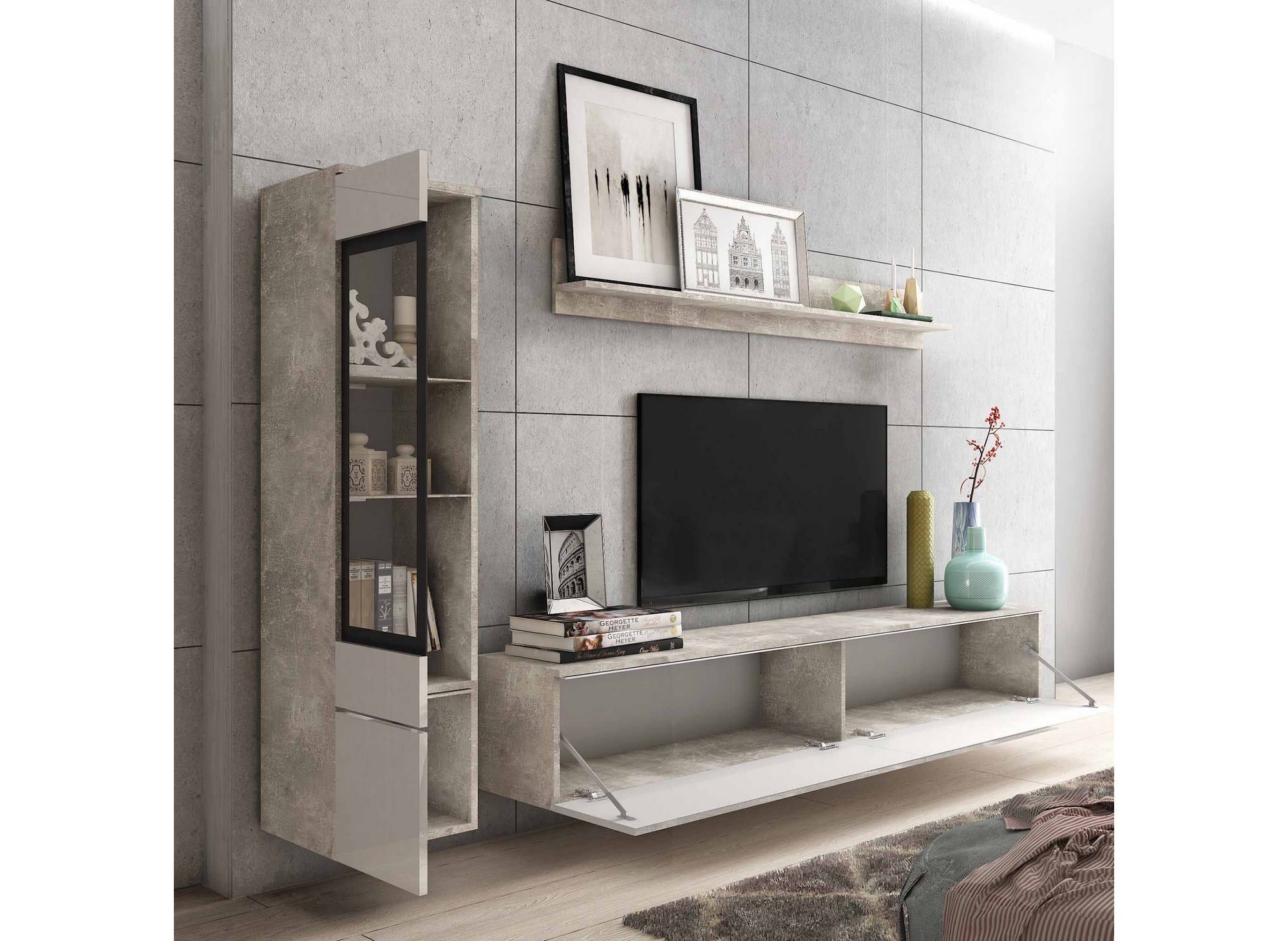 Mueble de TV contemporáneo en hormigón gris y lacado blanco con iluminación LED - VERONICA