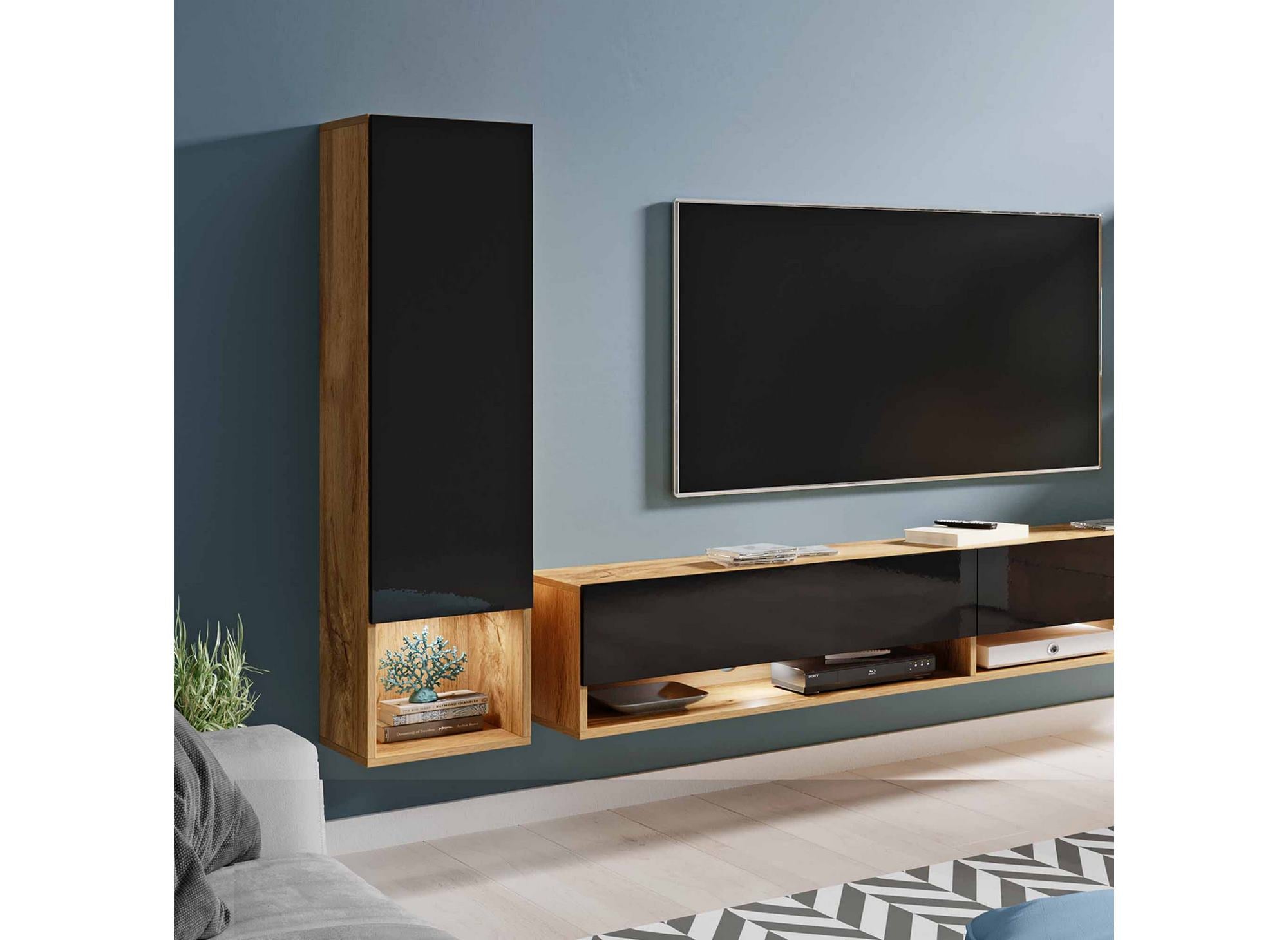 Mueble de TV contemporáneo en roble lacado negro con iluminación LED - AMANDA