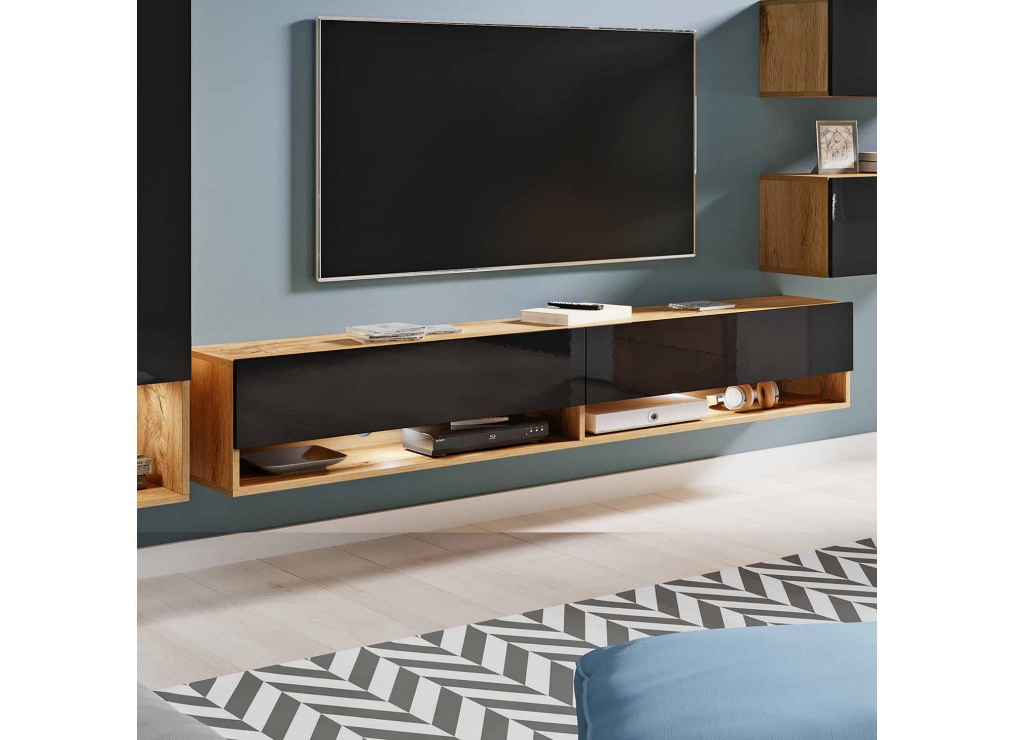 Mueble de TV contemporáneo en roble lacado negro con iluminación LED - AMANDA