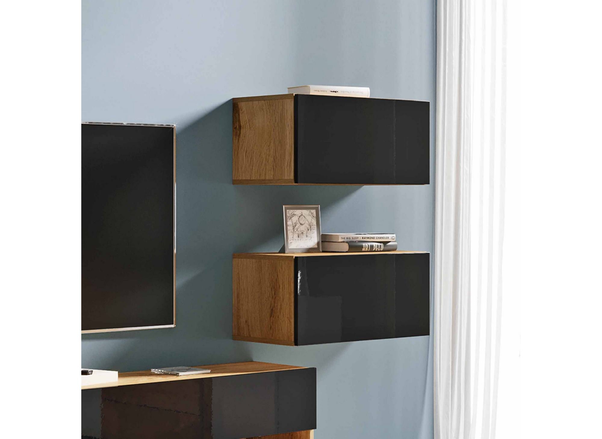 Mueble de TV contemporáneo en roble lacado negro con iluminación LED - AMANDA